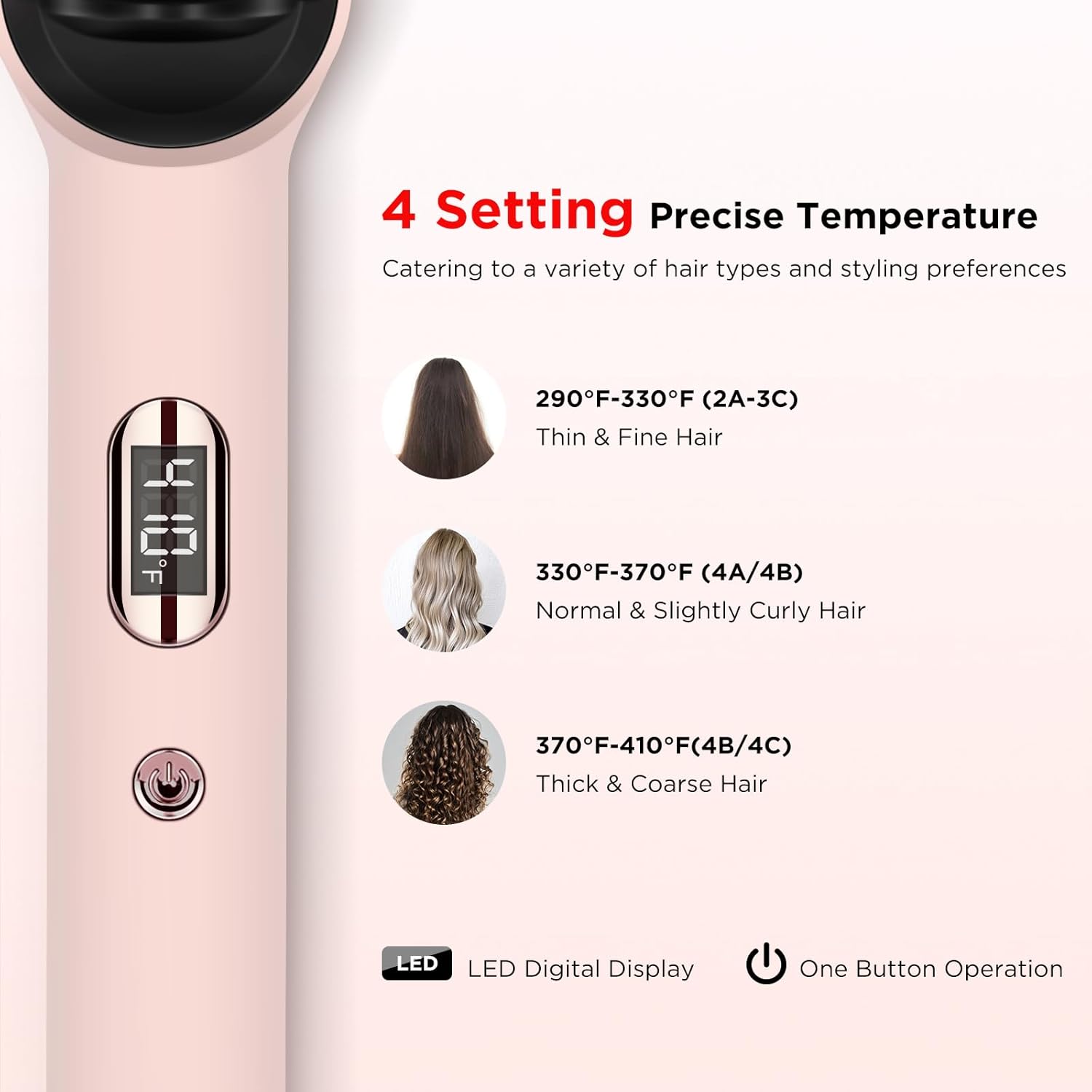 Prizm Pink Hair Straightener Brush, Fast Heating, 4 Temperature Settings, Anti-Scald - Image 4