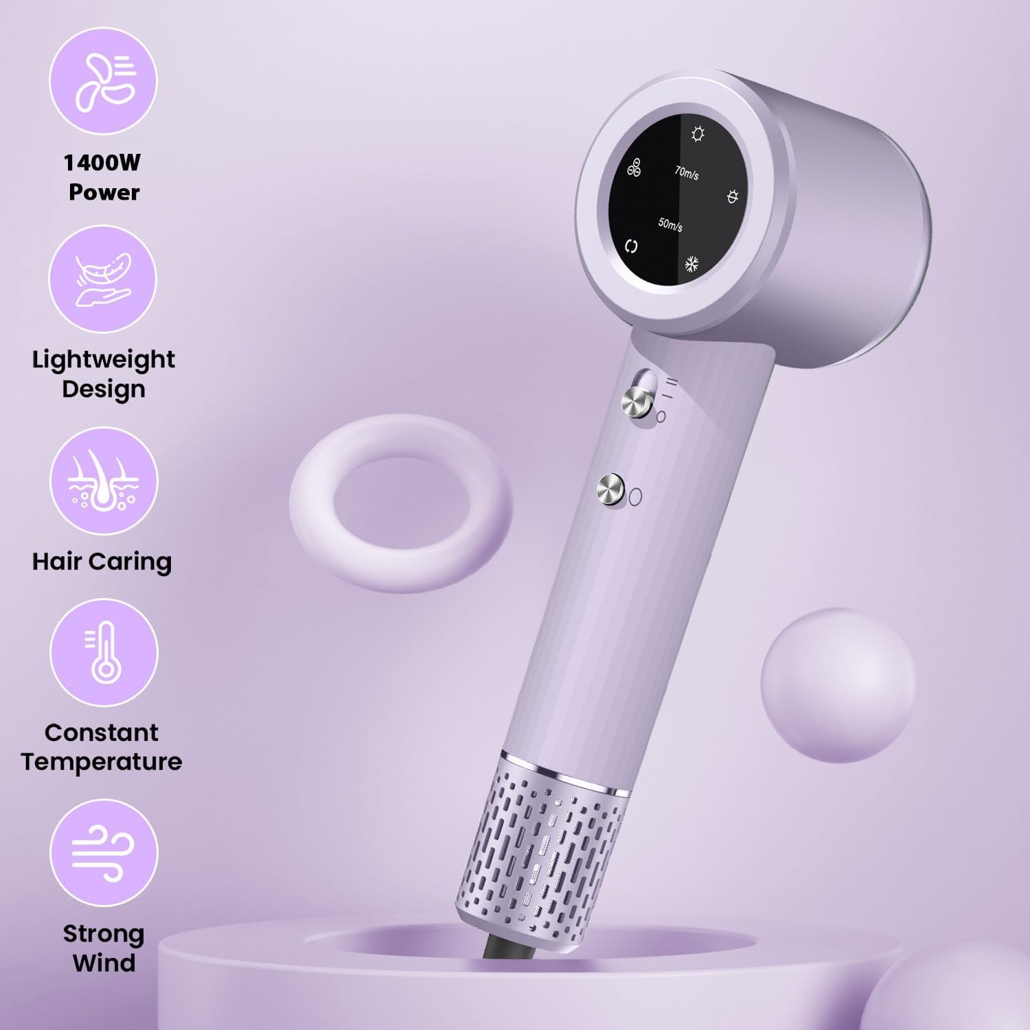 Professional 1400W Purple Ionic Hair Dryer with 3 Heat Settings and 2 Speeds - Image 4