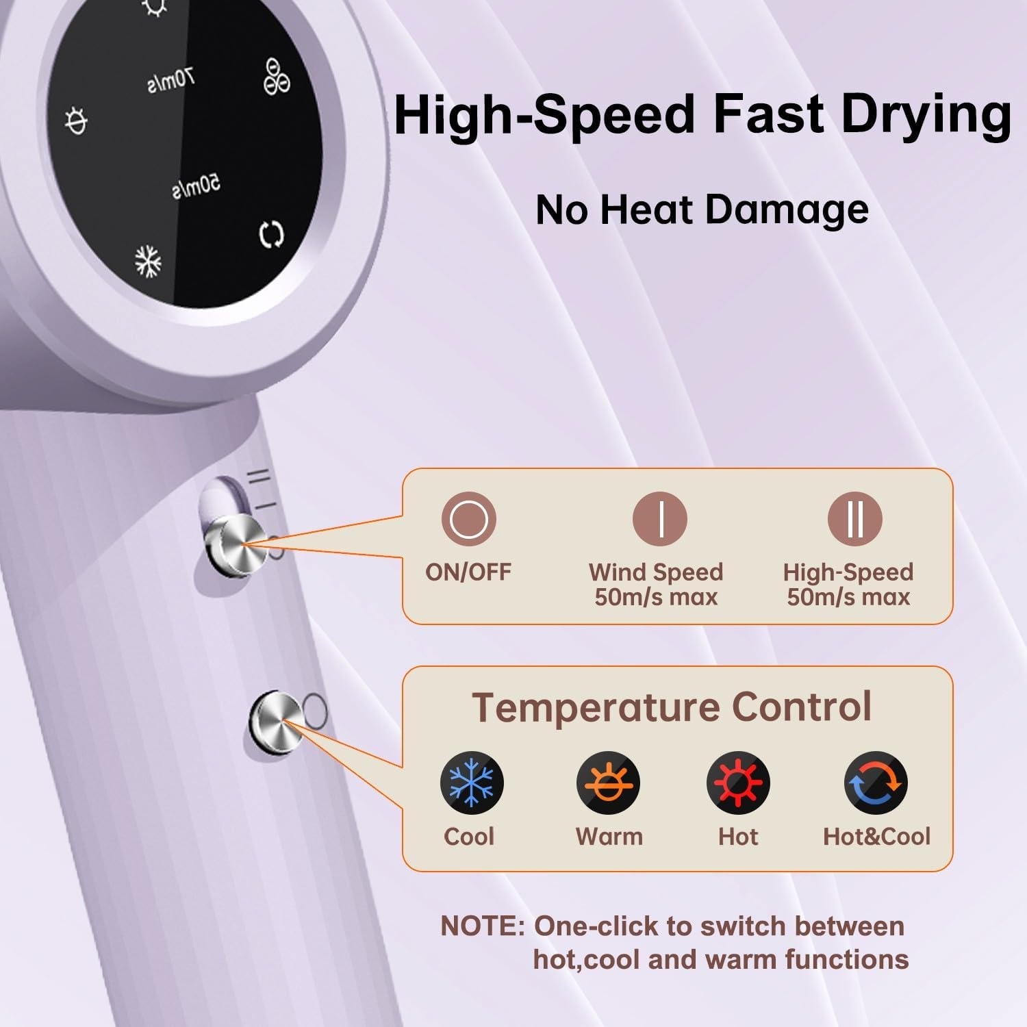 Professional 1400W Purple Ionic Hair Dryer with 3 Heat Settings and 2 Speeds - Image 2