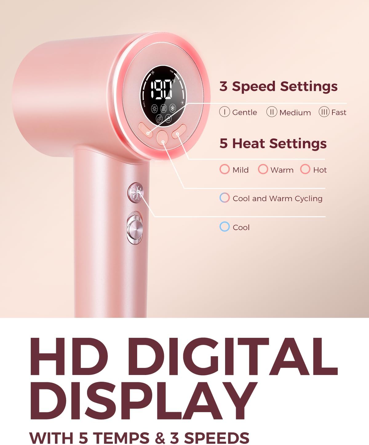 Professional High-Speed Hair Dryer with Diffuser, 110,000 RPM, 5 Temps, 3 Speeds, Light Pink - Image 3
