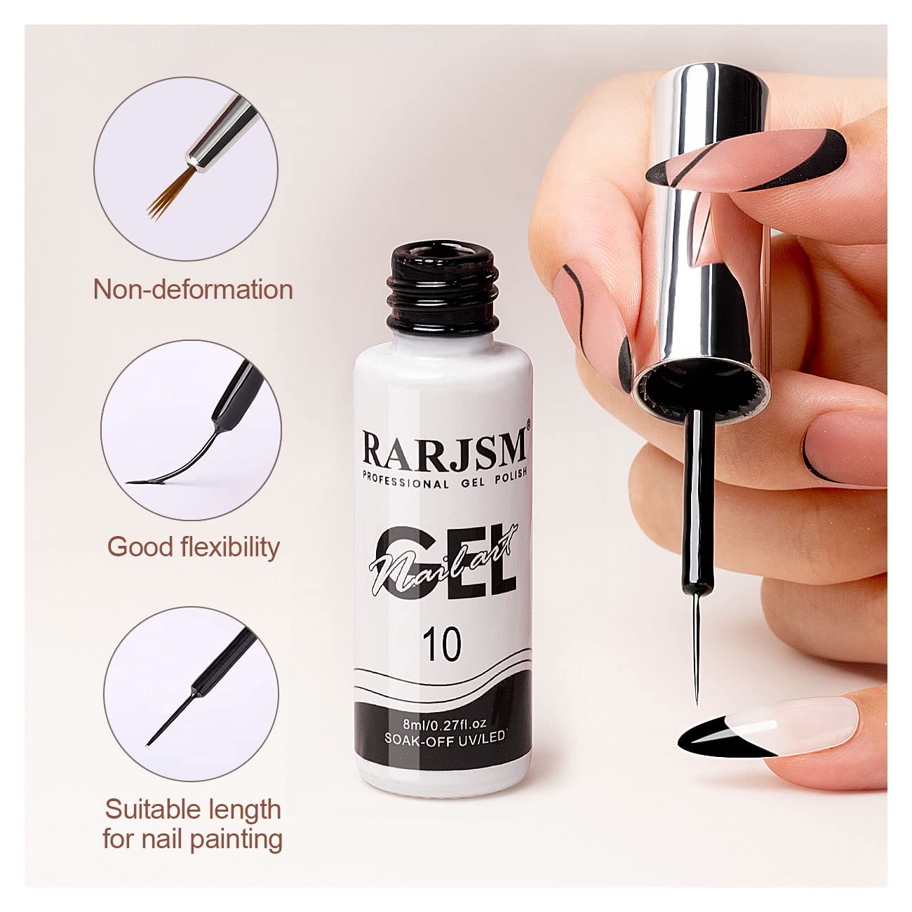 RARJSM 2Pcs 8ml Black and White Nail Art Liner Gel Polish Set with Brush - Image 7