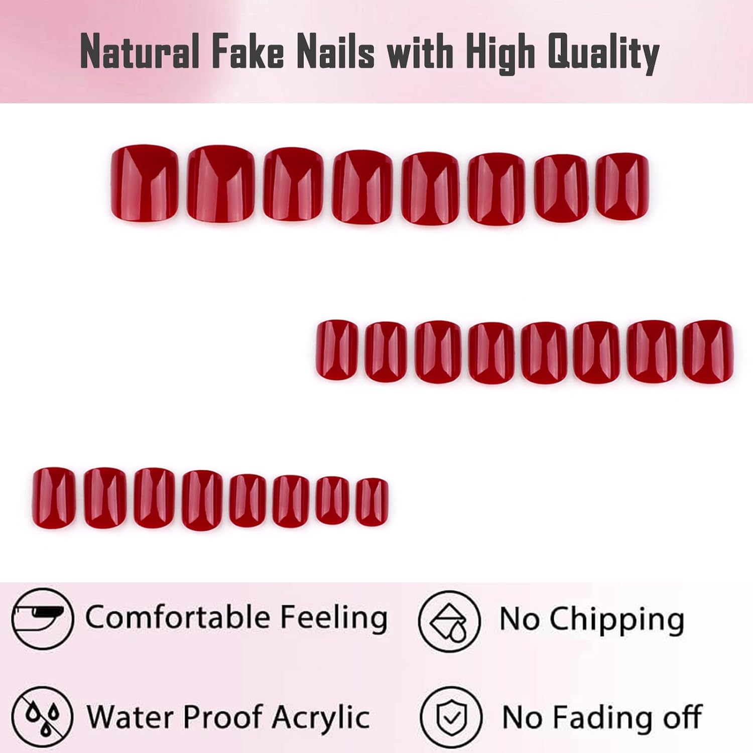 Glossy Red Square Short Press-On Nails Set with Adhesive Tabs, 240 Pcs Acrylic for Women - Image 2