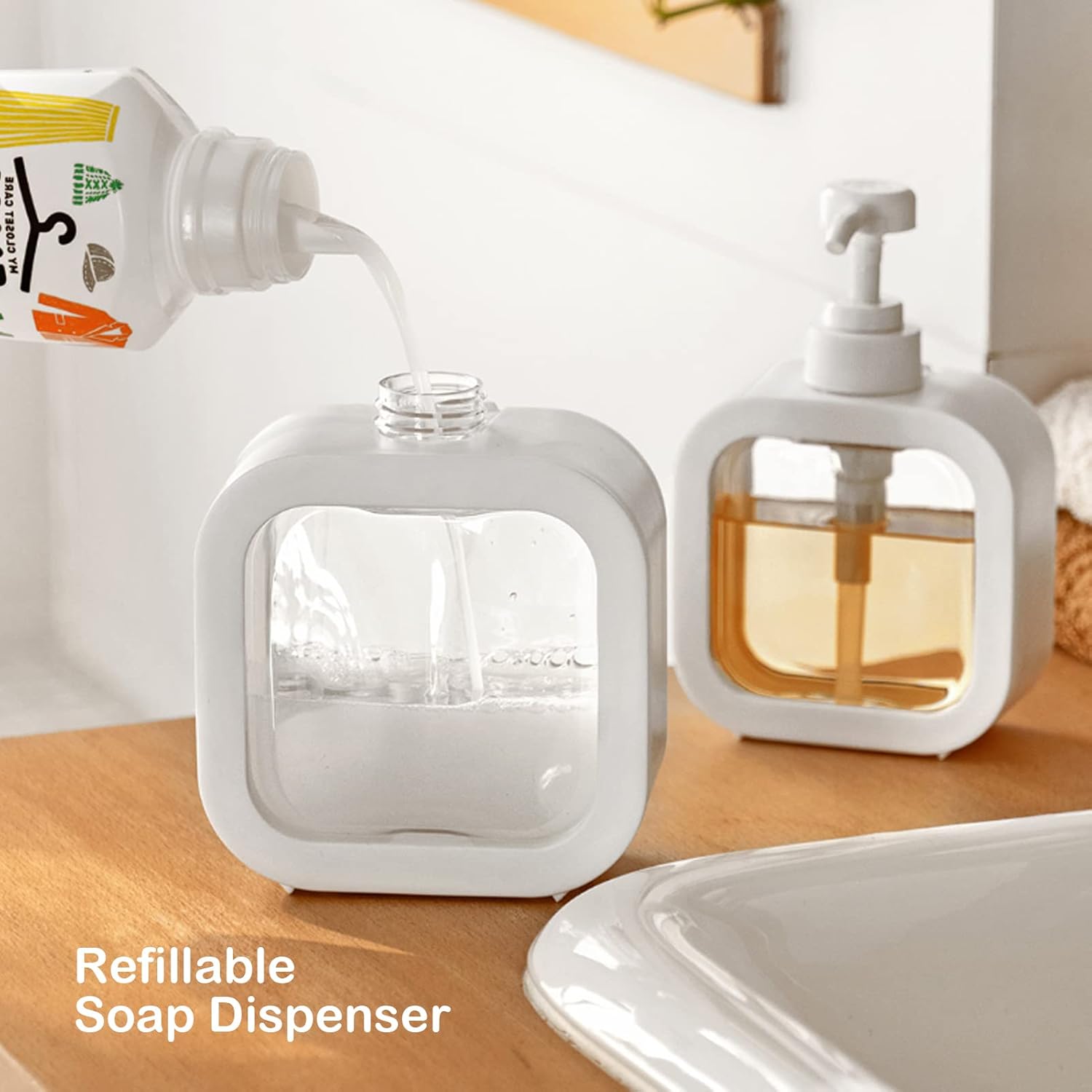 White Refillable 10 Oz Soap Dispenser for Bathroom Kitchen with Waterproof Label - Image 2