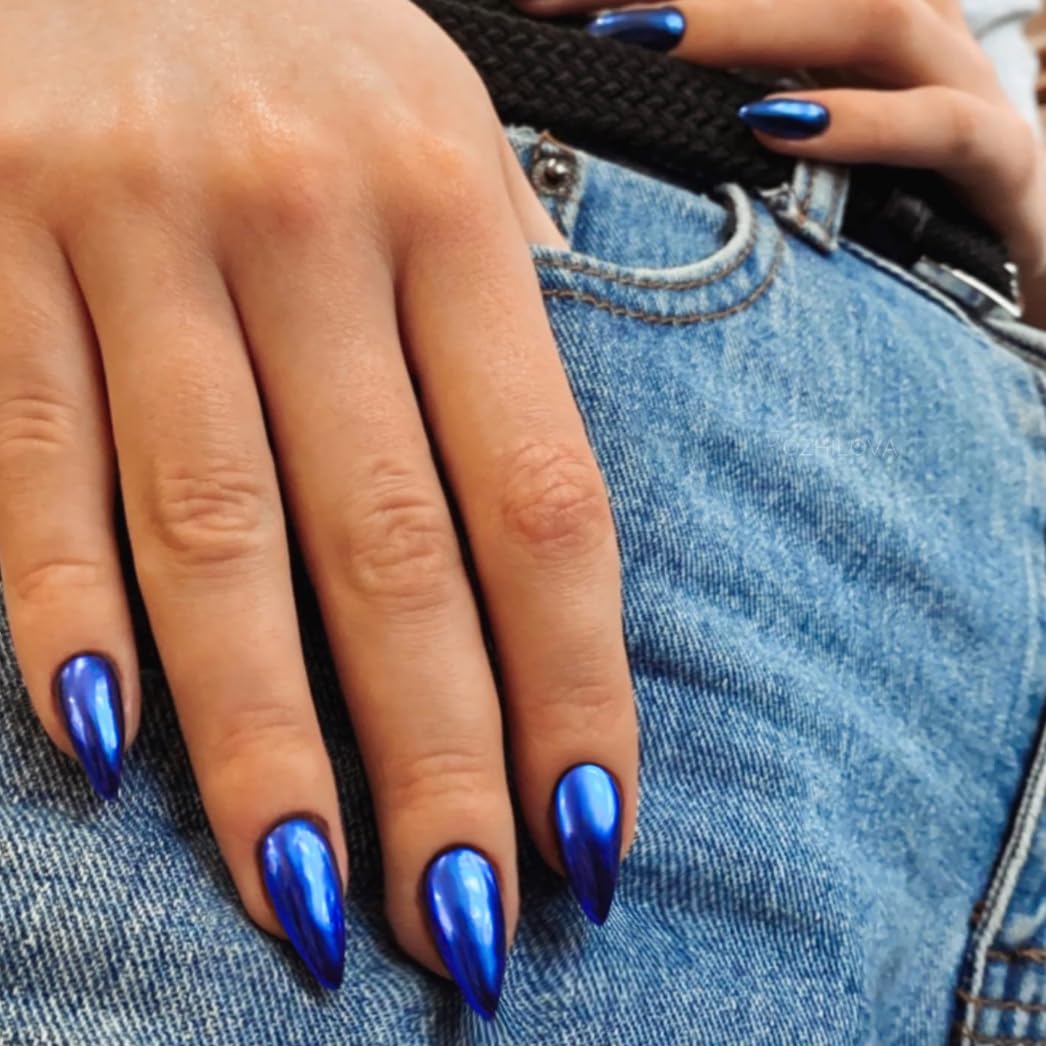 Medium Length Royal Blue Almond Chrome Glazed Press On Nails Reusable Acrylic Set - Image 3