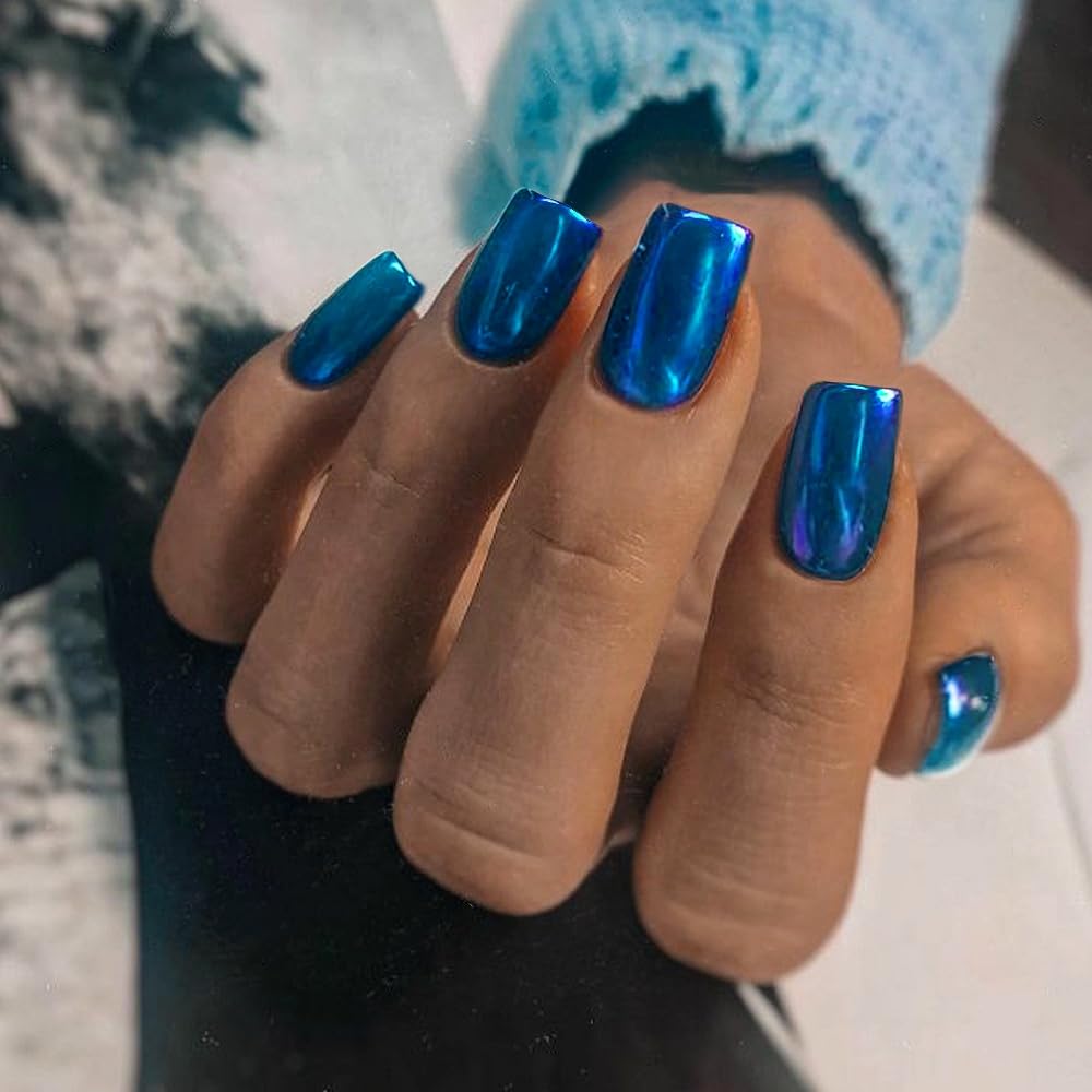 Royal Blue Chrome Square Medium Short 24 Piece Metallic Acrylic Press on Nails - Image 2