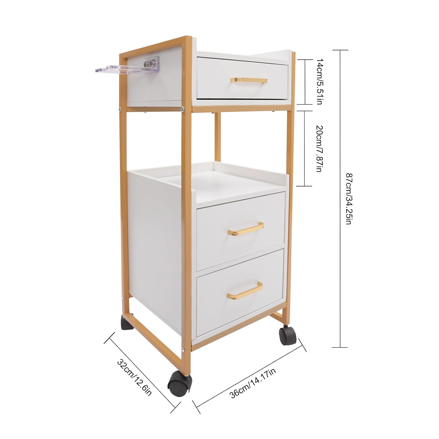 Gold and White 5-Drawer Salon Barber Trolley with Lockable Wheels and Hair Dryer Holder - Image 2