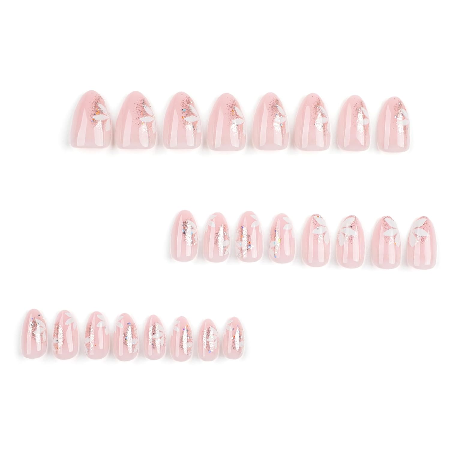 24 Pcs Short Almond Nude Press On Nails Kit with Gold Glitter and Floral Design - Image 3