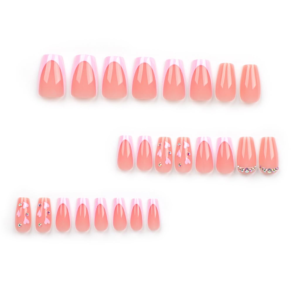 Short Medium Coffin French Pink Acrylic Press on Nails Rhinestone Heart Design 24 Pcs - Image 2