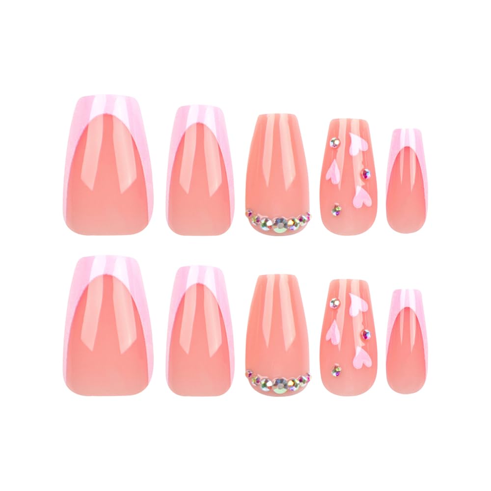 Short Medium Coffin French Pink Acrylic Press on Nails Rhinestone Heart Design 24 Pcs - Image 3
