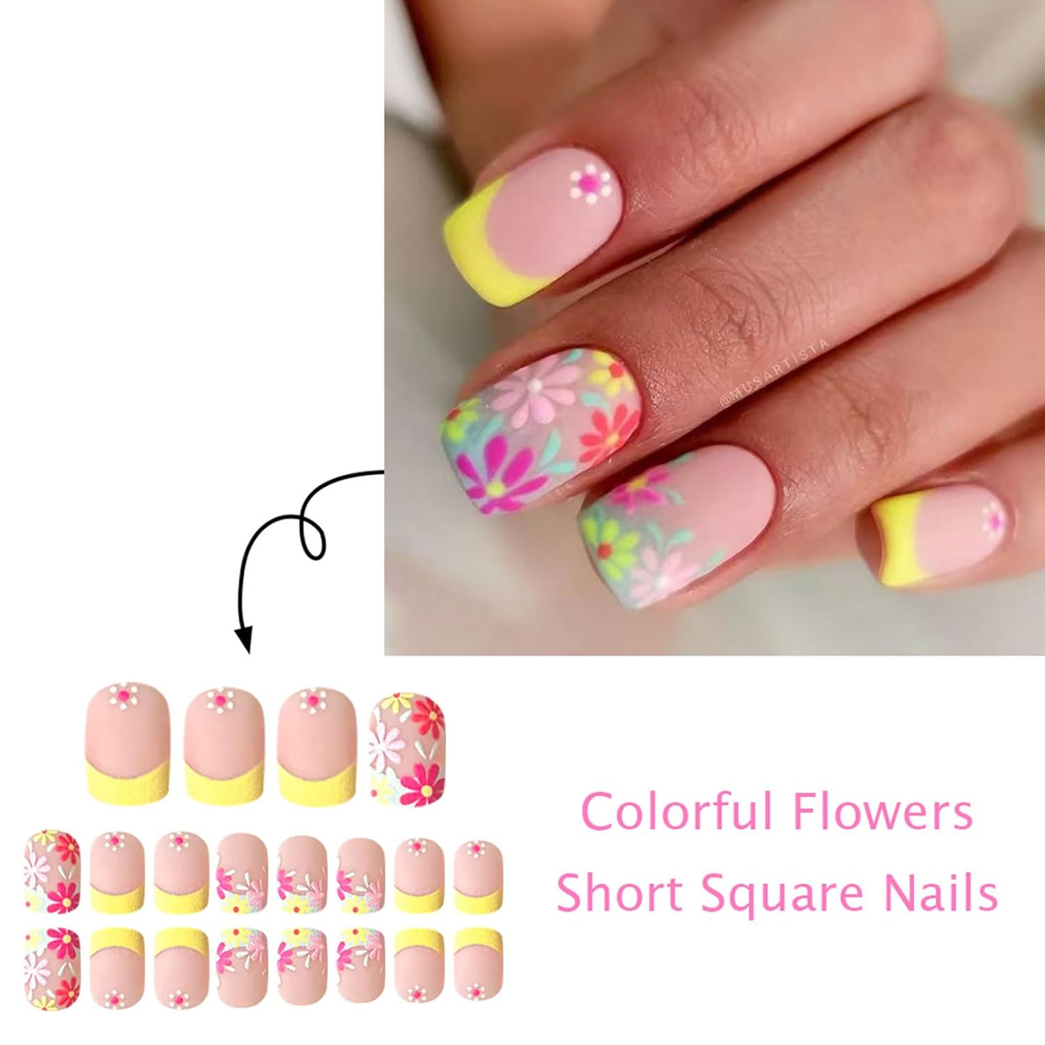 Matte Light Yellow Short Square French Tip Press on Nails Full Cover with Colorful Floral Design for Women - Image 4