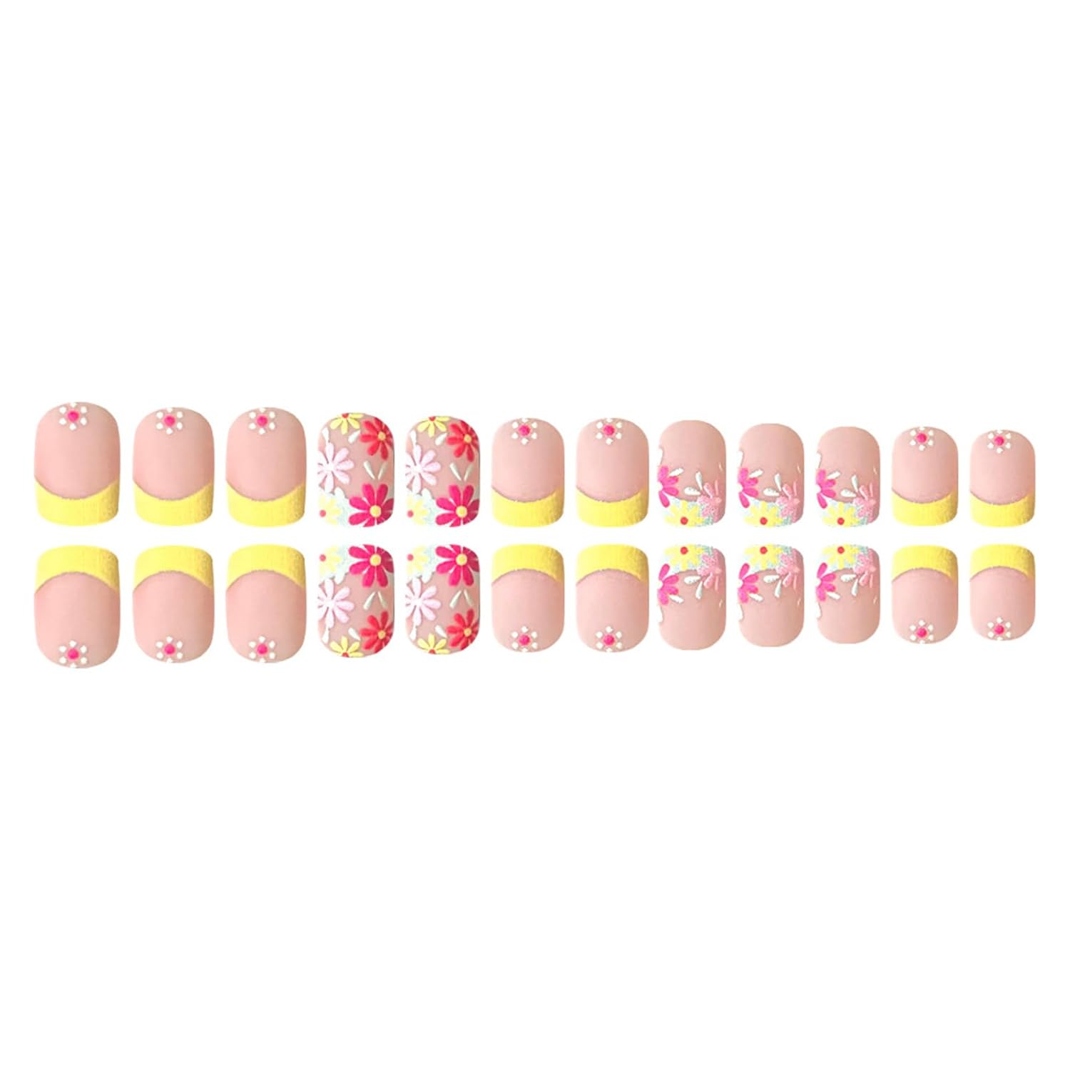 Matte Light Yellow Short Square French Tip Press on Nails Full Cover with Colorful Floral Design for Women - Image 6
