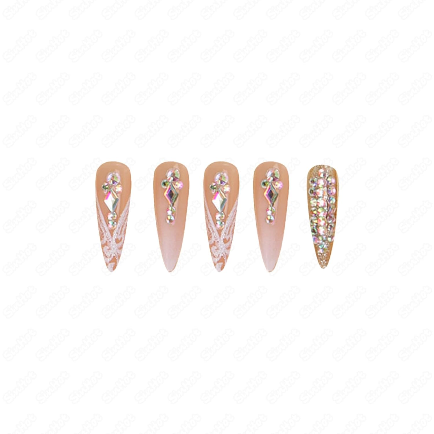 SINHOT 24pc Long Glossy Stiletto Press on Nails with Rhinestone Glitter Design - Image 4