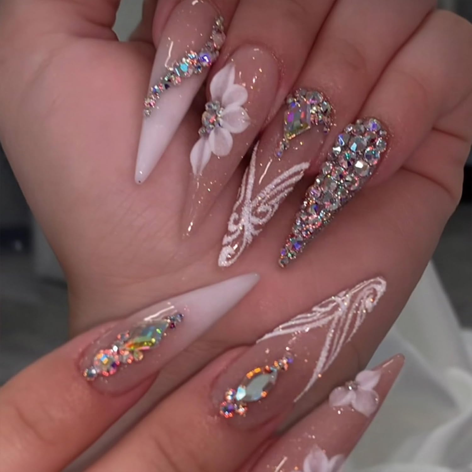 SINHOT 24pc Long Glossy Stiletto Press on Nails with Rhinestone Glitter Design - Image 2