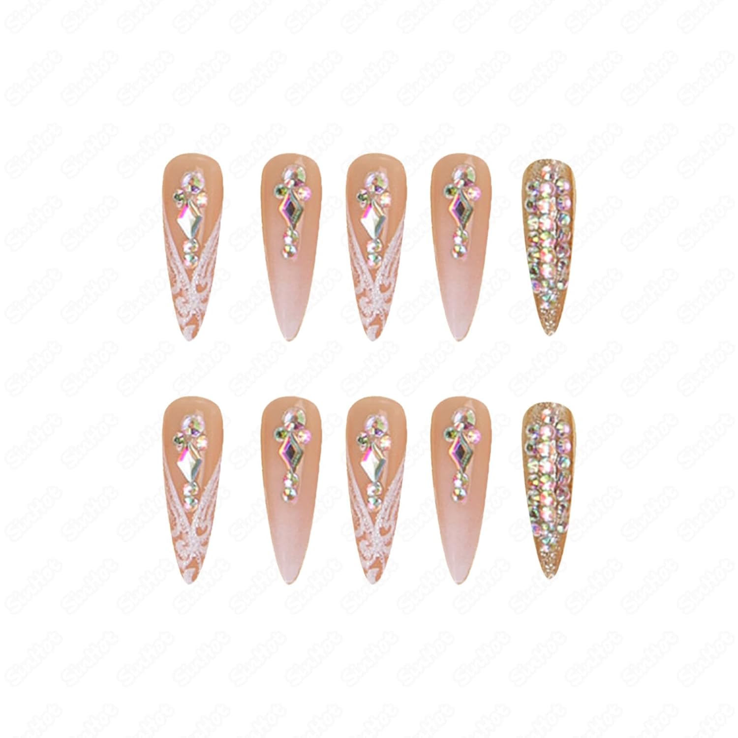 SINHOT 24pc Long Glossy Stiletto Press on Nails with Rhinestone Glitter Design - Image 5