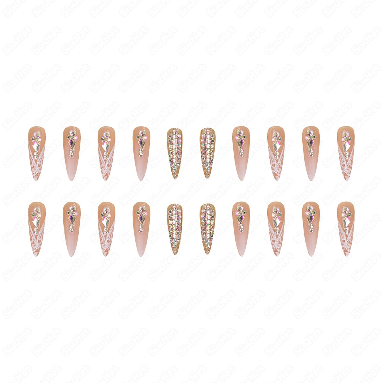 SINHOT 24pc Long Glossy Stiletto Press on Nails with Rhinestone Glitter Design - Image 6