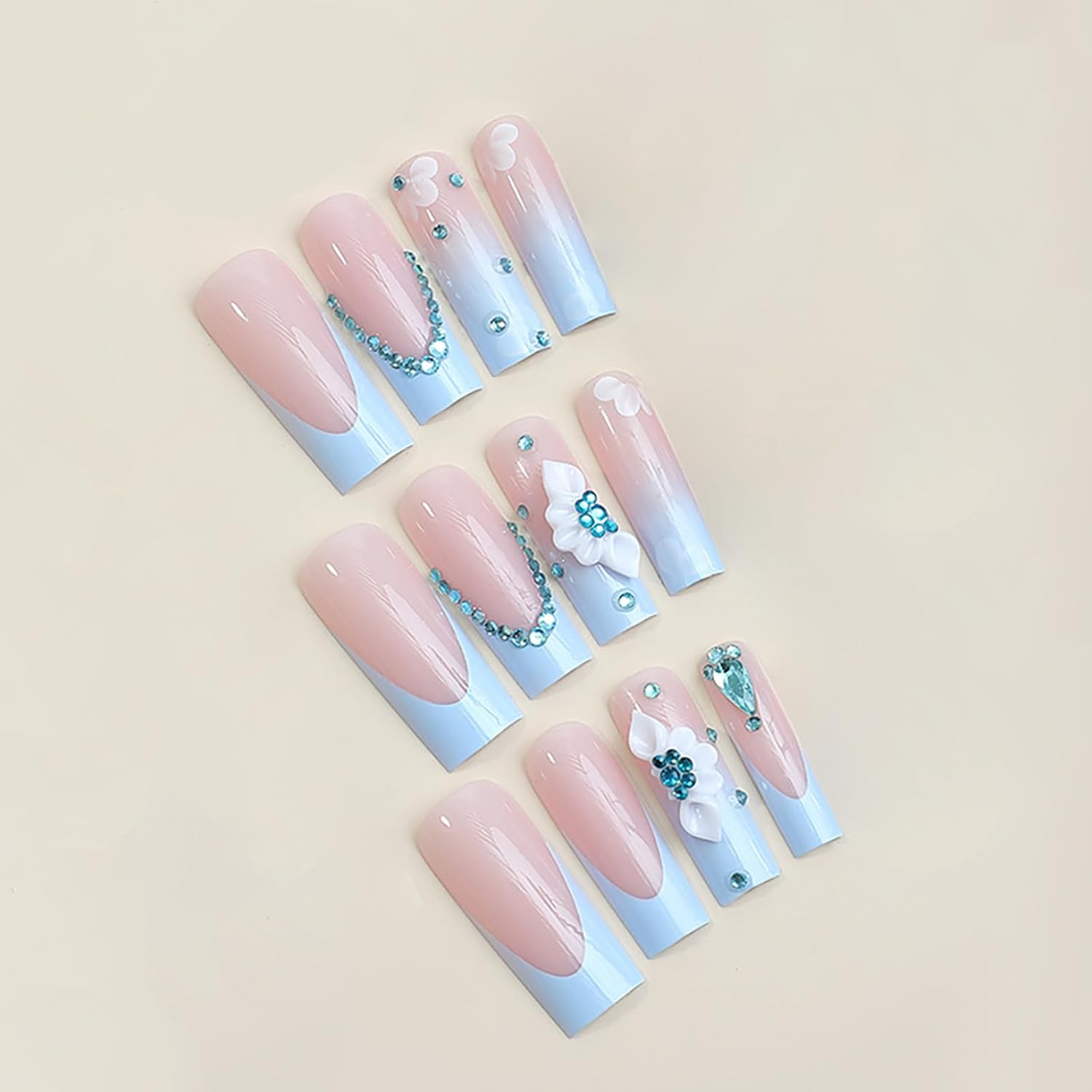 SINHOT 24pcs Long Square Press on Nails Blue Gradient 3D Flower Design - Image 2