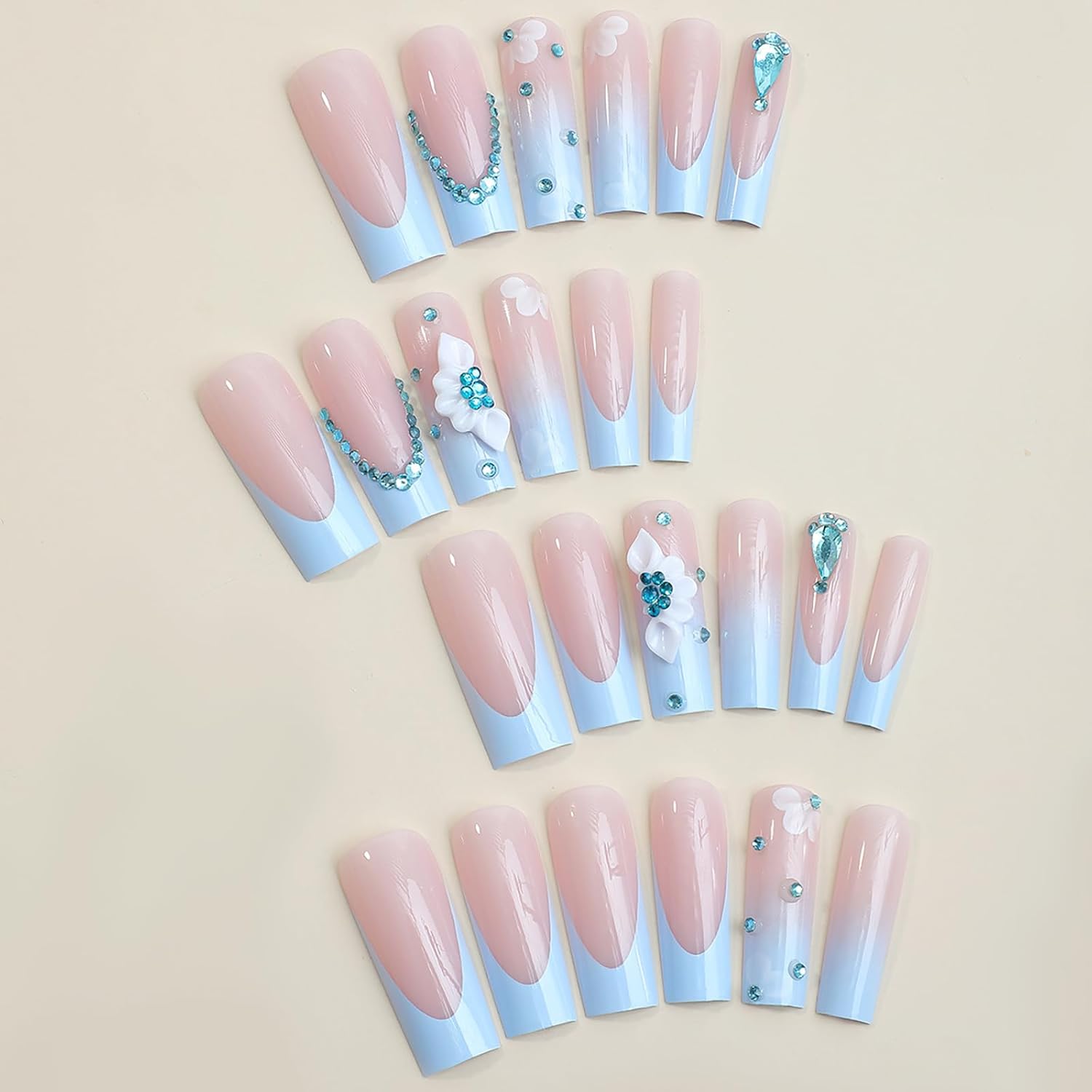 SINHOT 24pcs Long Square Press on Nails Blue Gradient 3D Flower Design - Image 3