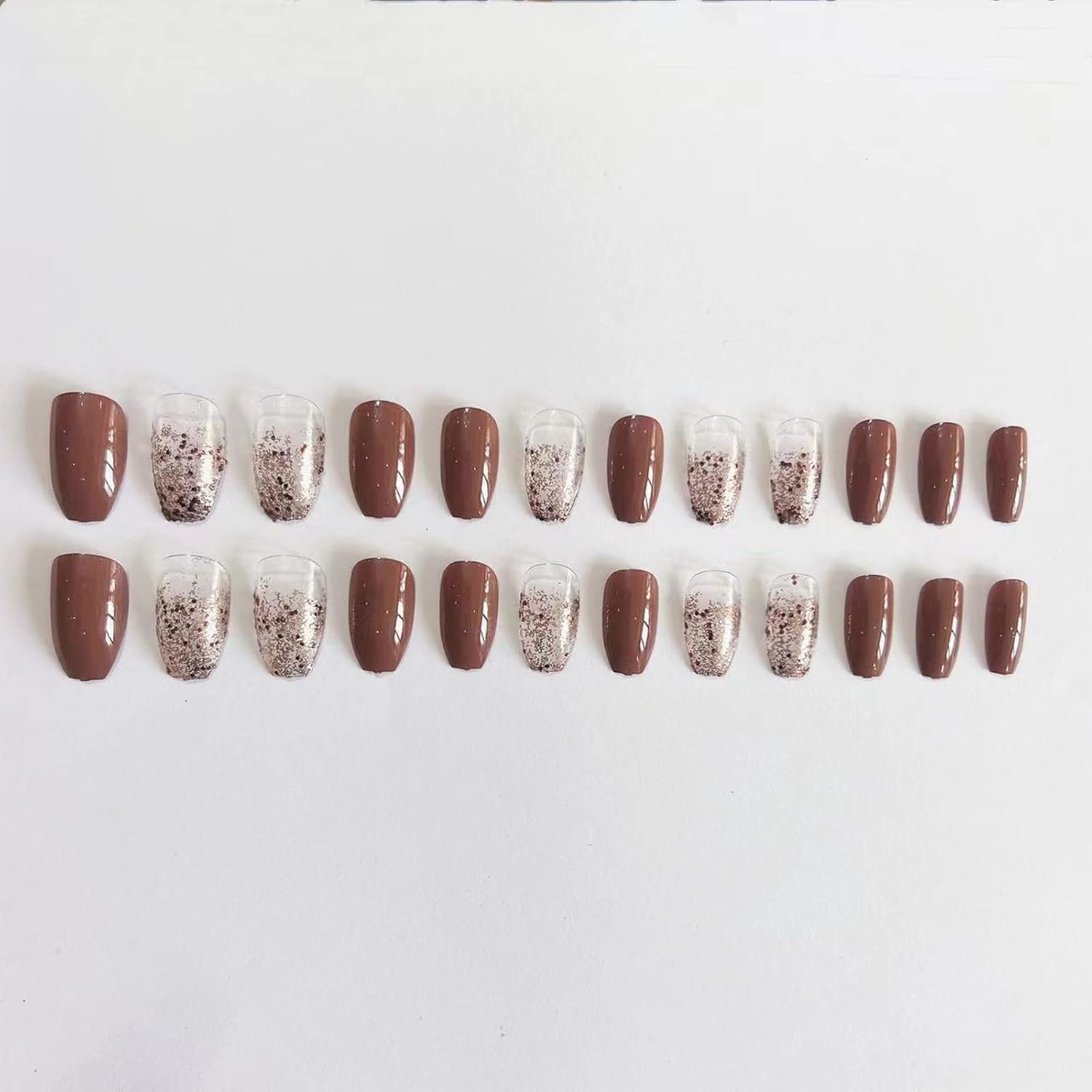 SINHOT Medium Brown Gradient Glossy Ballerina Press on Nails 24 pcs Acrylic with Glitter - Image 3
