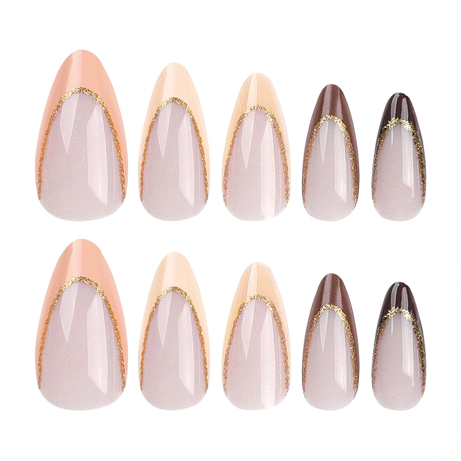 SINHOT Medium Almond Stiletto Press On Nails 24 pcs Yellow Brown Glossy Glitter - Image 2