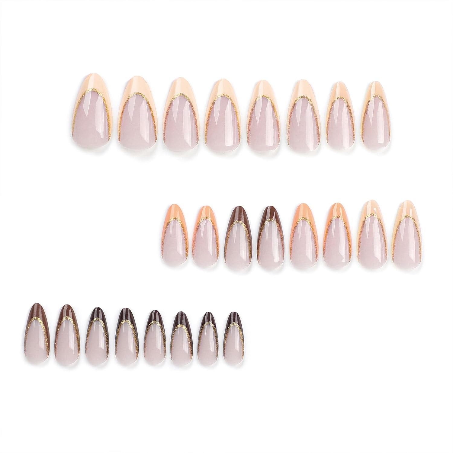 SINHOT Medium Almond Stiletto Press On Nails 24 pcs Yellow Brown Glossy Glitter - Image 4