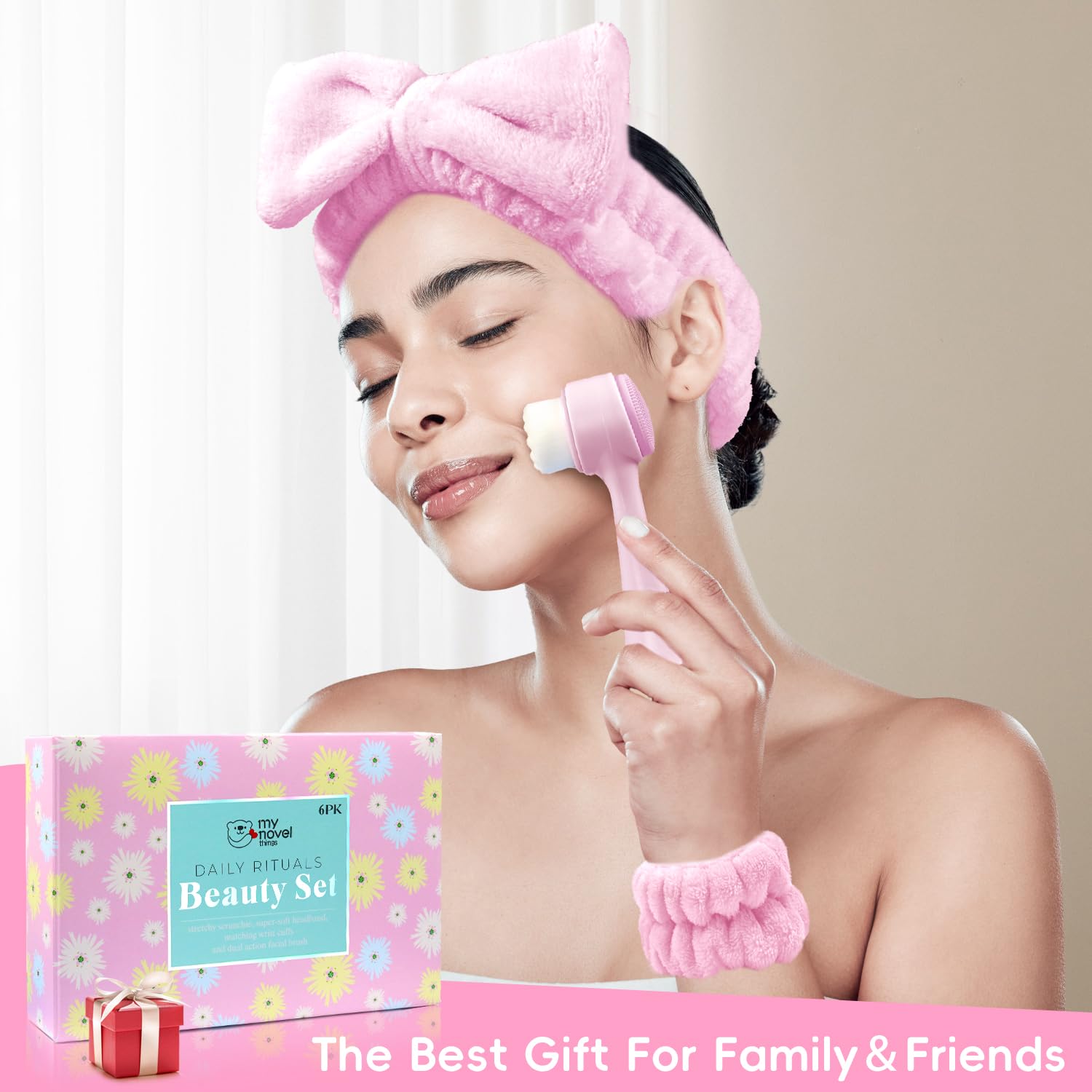 Pink Spa Headband and Wristband Set with Facial Cleansing Brush and Scrunchie - Image 7