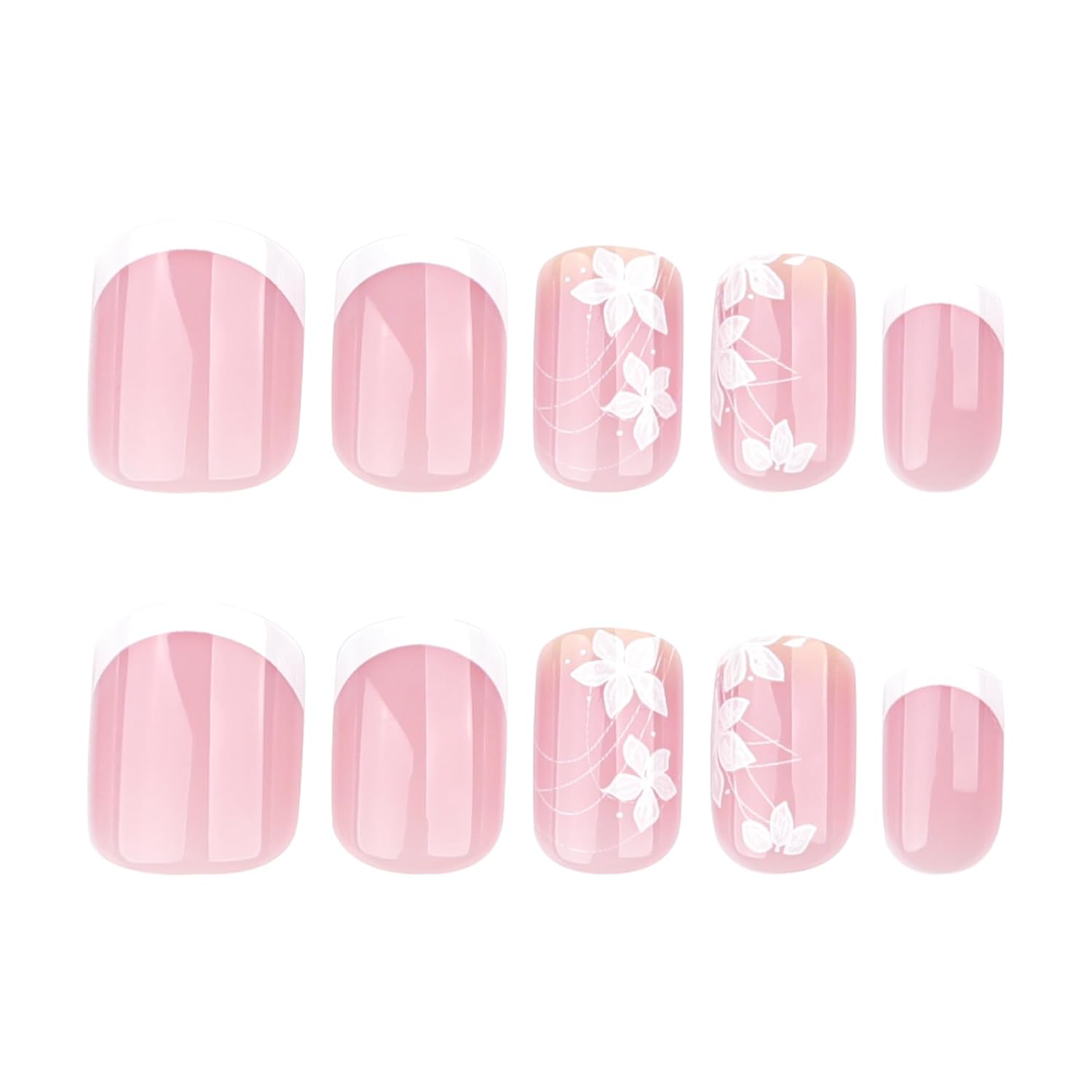 Short Square Nude French Tip Press On Nails with Floral Accents - Set of 24 - Image 3
