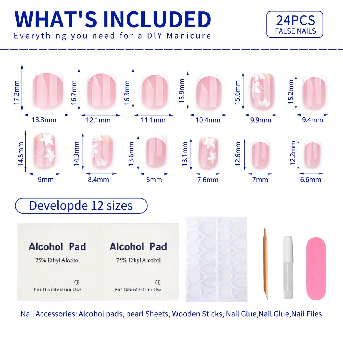 Short Square Nude French Tip Press On Nails with Floral Accents - Set of 24 - Image 6
