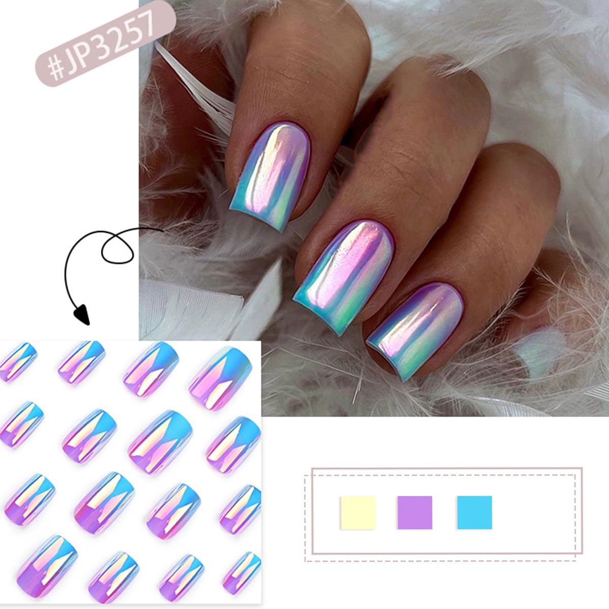 24 Piece Square Medium Chrome Press On Nails Blue Purple Design - Image 2