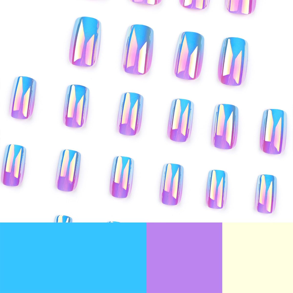 24 Piece Square Medium Chrome Press On Nails Blue Purple Design - Image 3