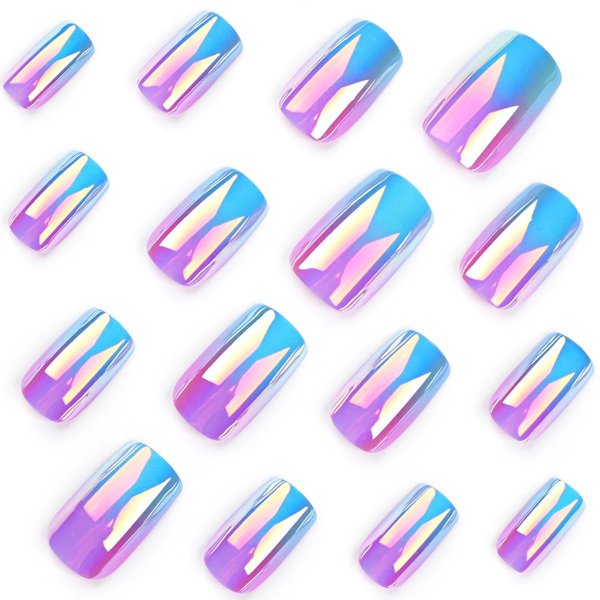 24 Piece Square Medium Chrome Press On Nails Blue Purple Design - Image 4