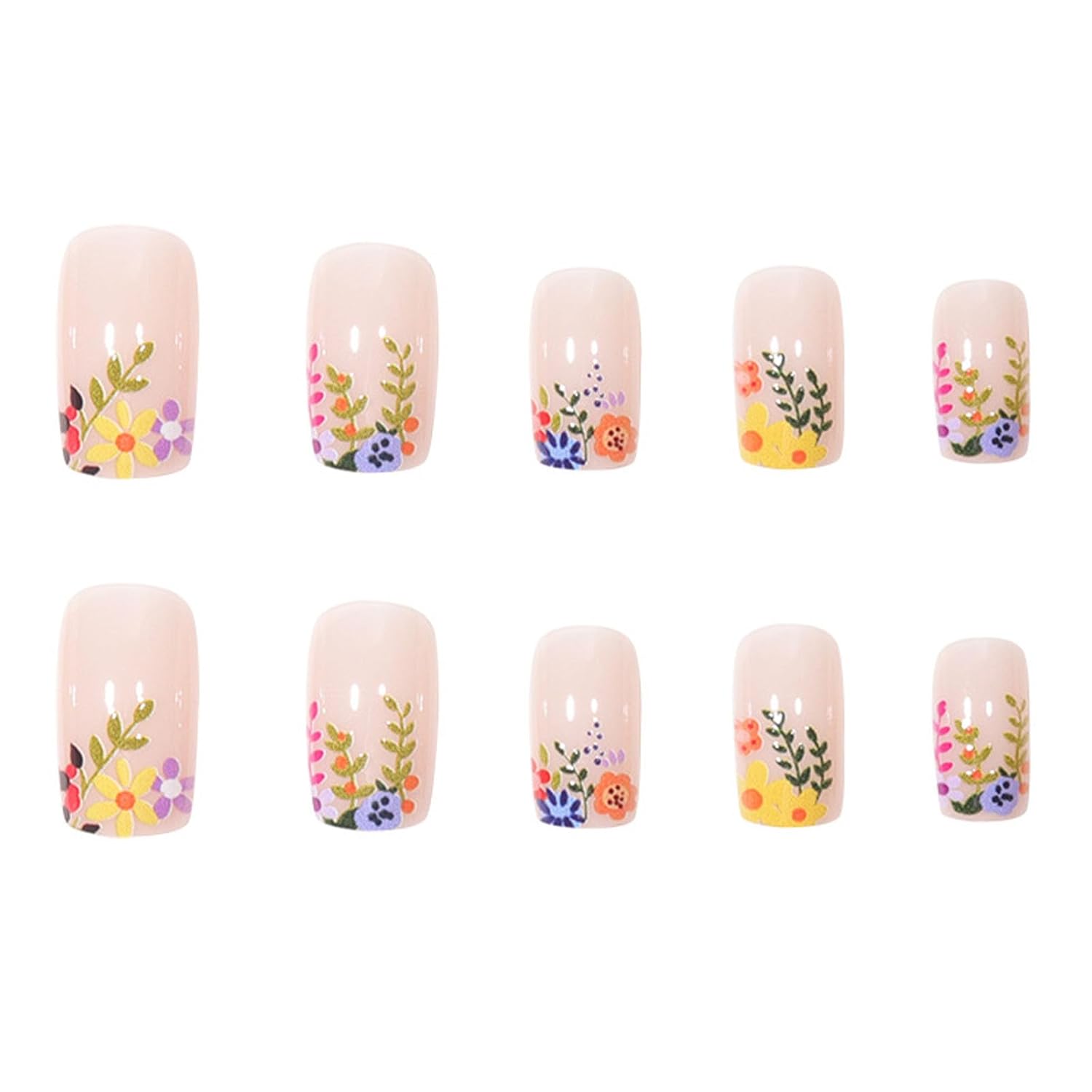 Glossy Flower Design Short Square Press on Nails - 24 Pcs Nude Artificial Full Cover Nails - Image 2