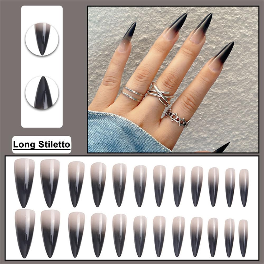 Stiletto Press on Nails Black Ombre Long Almond Design Acrylic Glue on Nails 24Pcs - Image 2