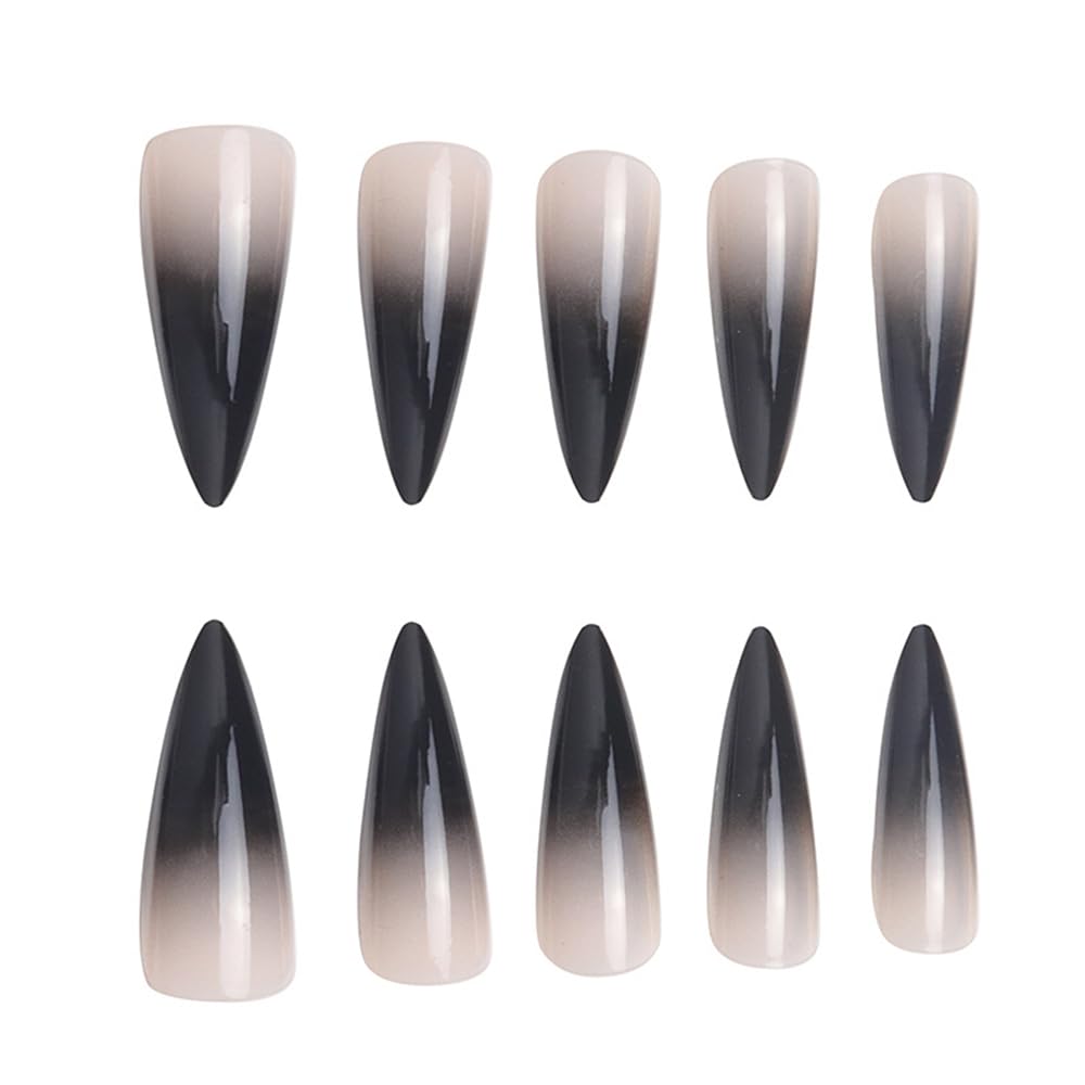Stiletto Press on Nails Black Ombre Long Almond Design Acrylic Glue on Nails 24Pcs - Image 3