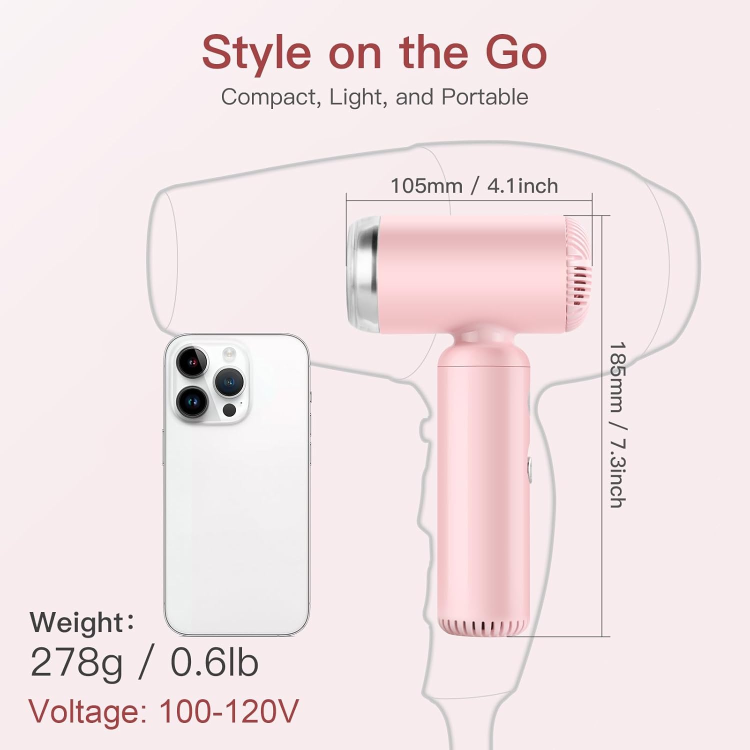 Super Mini Ionic Travel Hair Dryer Pink 200 Million Negative Ions with Diffuser - Image 2