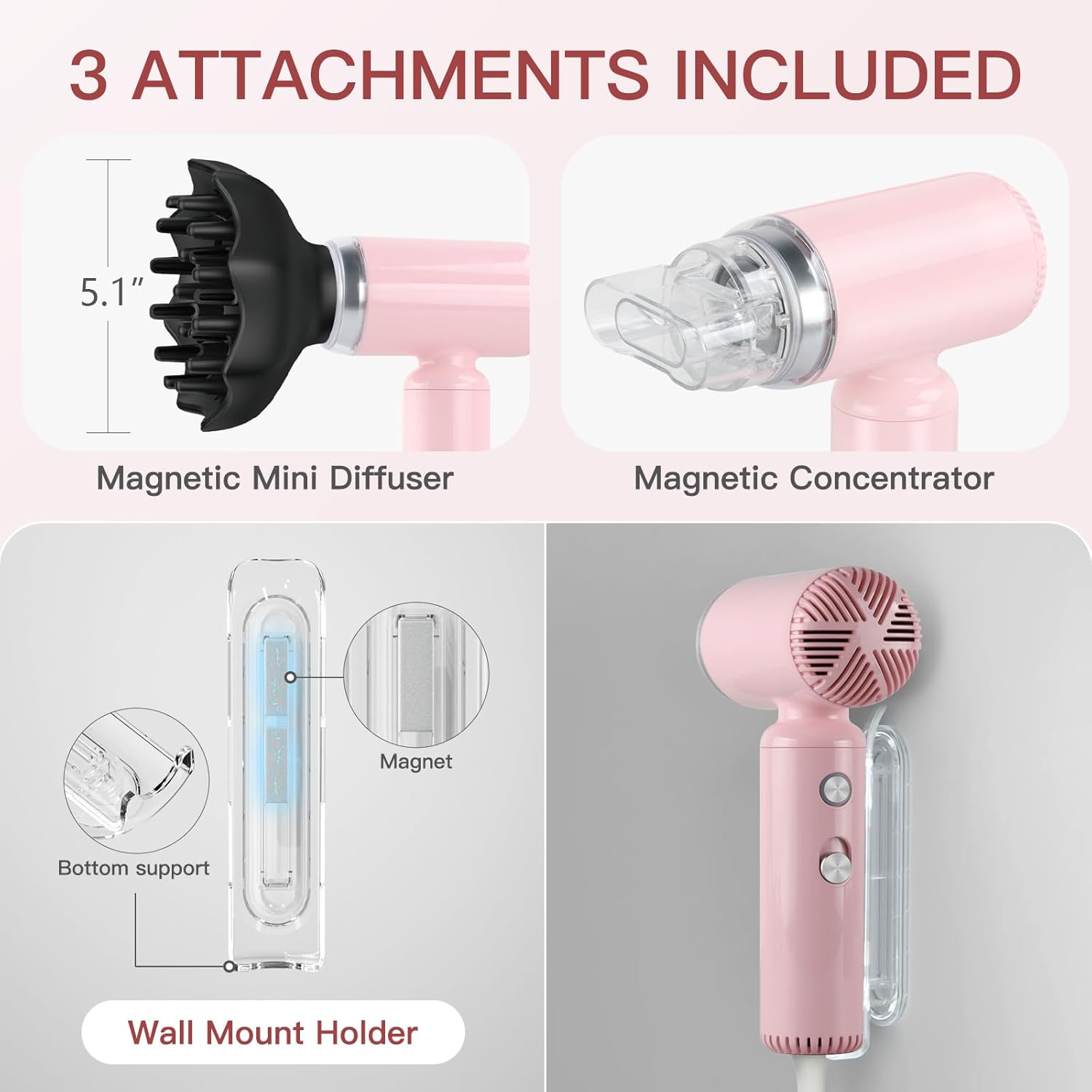Super Mini Ionic Travel Hair Dryer Pink 200 Million Negative Ions with Diffuser - Image 5