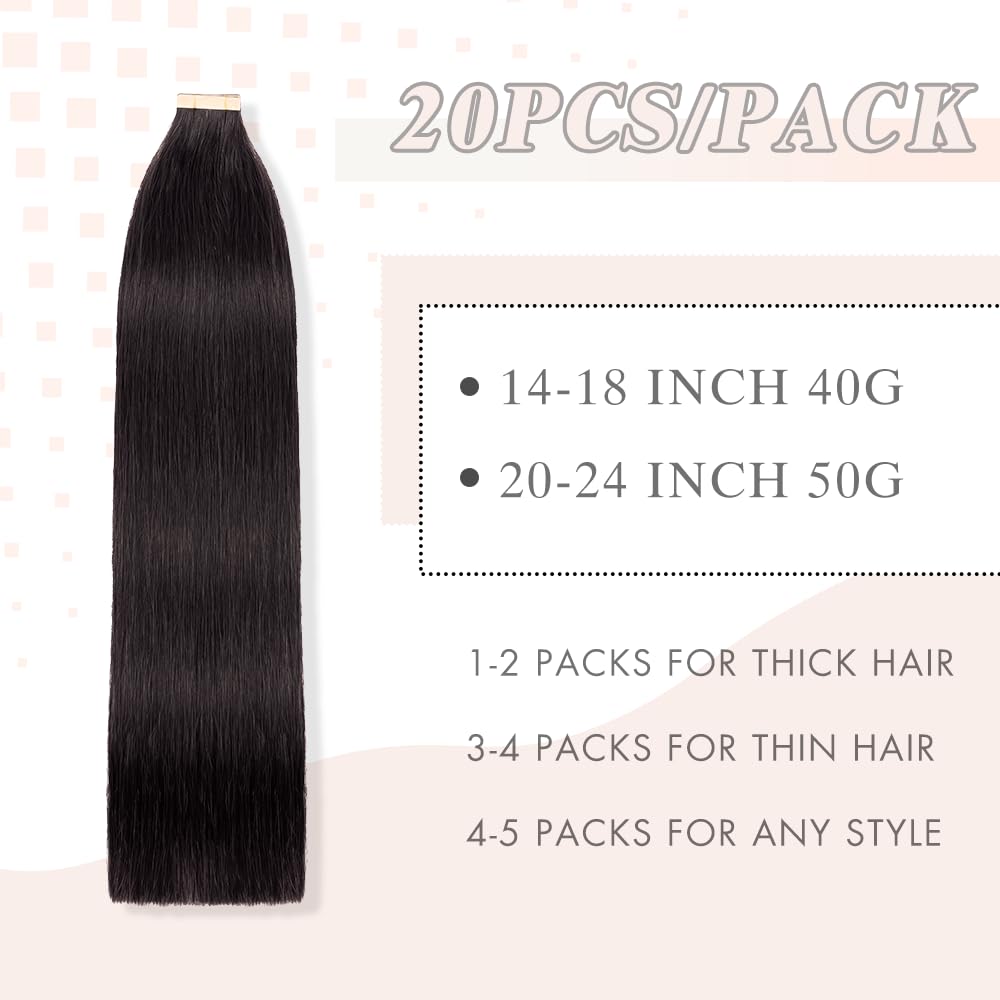 Tape in Hair Extensions 18 Inch 20pcs Natural Black Remy Straight Human Hair - Image 2