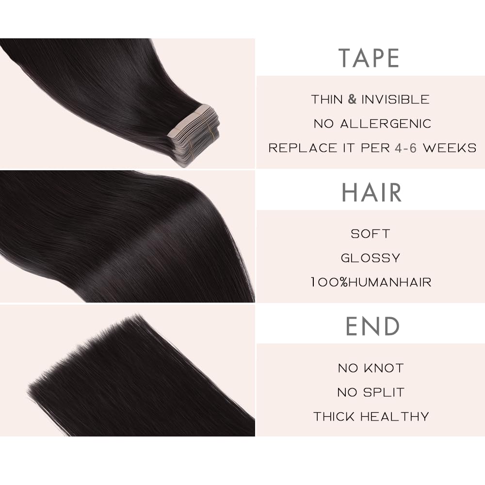 Tape in Hair Extensions 18 Inch 20pcs Natural Black Remy Straight Human Hair - Image 3