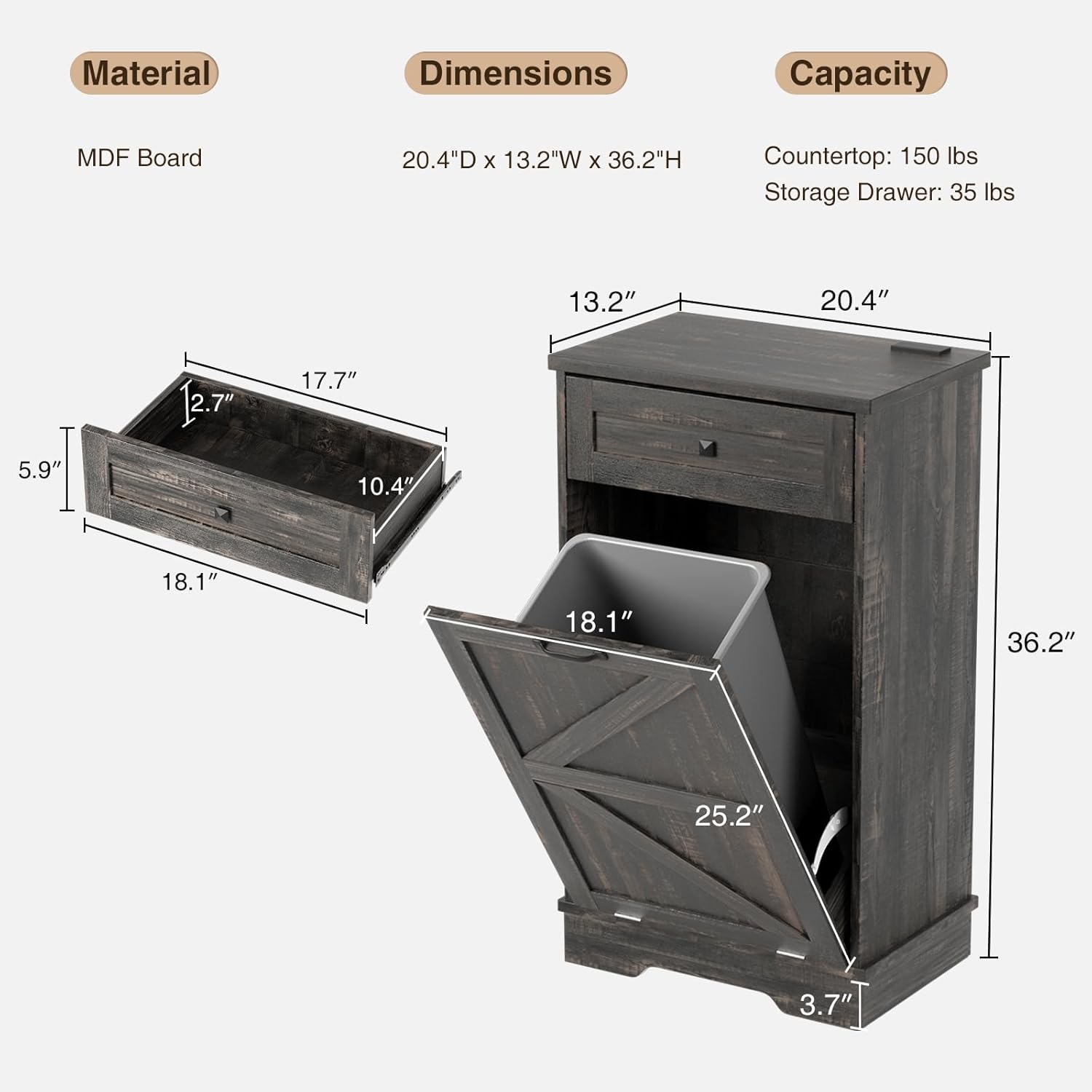 Dark Rustic Oak Dog Proof Tilt Out Trash Cabinet, 10 Gallon Capacity, Negative Ion Technology - Image 5