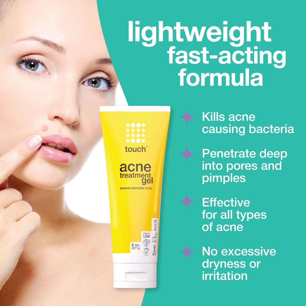 Touch Benzoyl Peroxide 2.5% Gel Cream for Acne Treatment - 8 oz Clear Lightweight Formula for Adults and Teens - Image 2