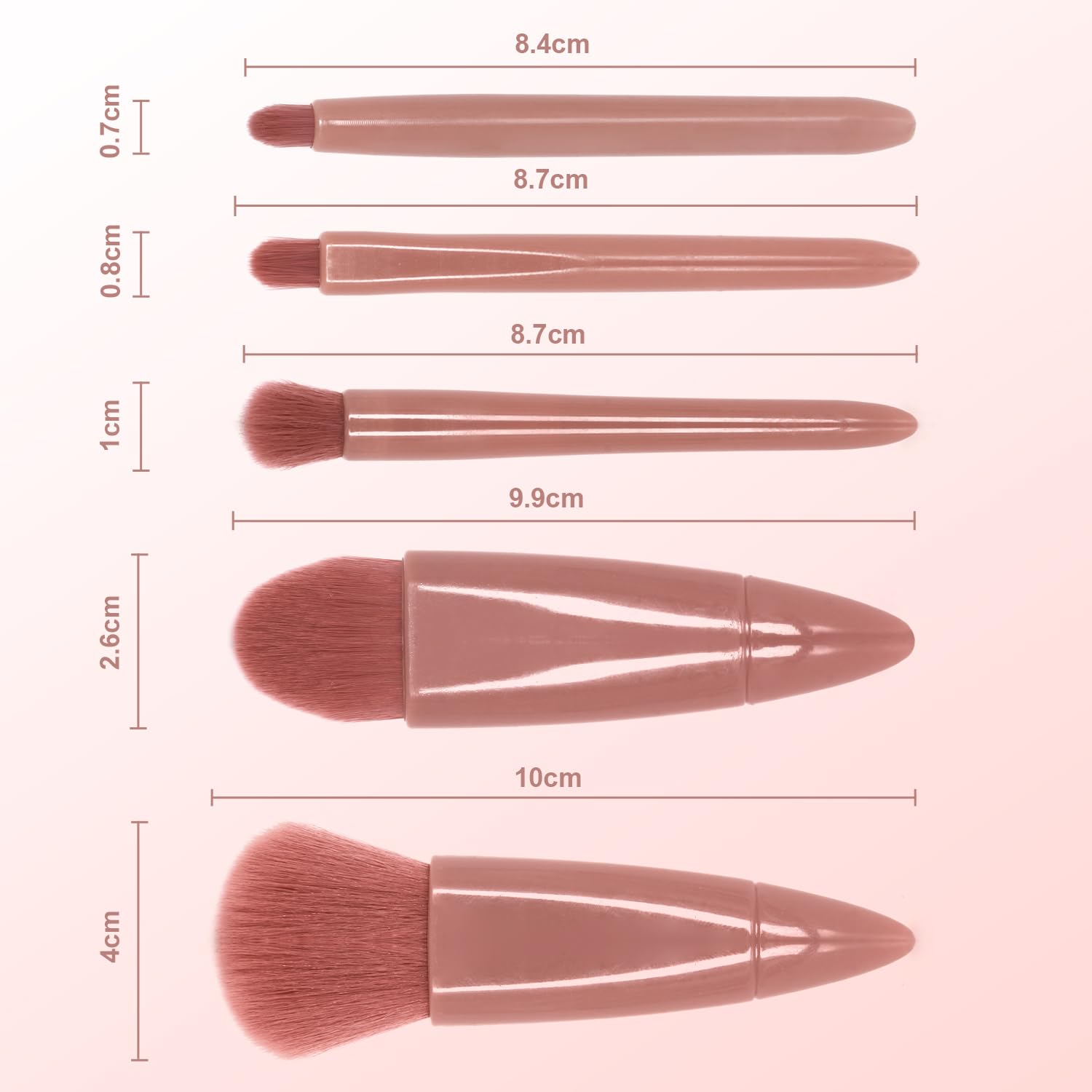 Travel Makeup Brush Set with Case, 5 Mini Professional Brushes and Mirror in Pink - Image 2