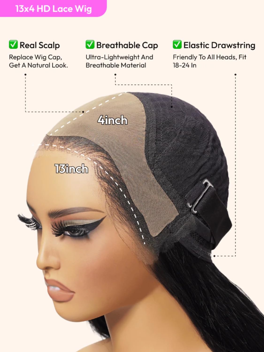 UNICE 18 Inch Glueless Human Hair Wig Real Scalp 13x4 HD Lace with Bangs - Image 3