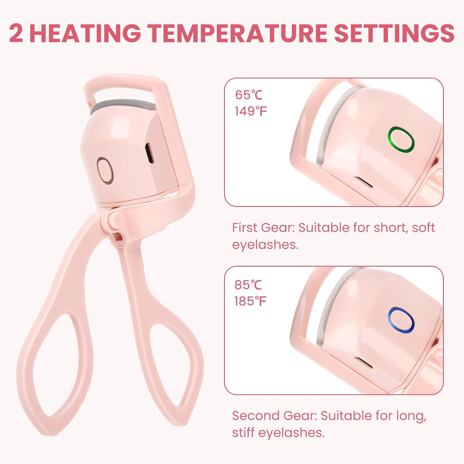 Pink USB Rechargeable Electric Heated Eyelash Curler for Women Quick Heat-Up Multi-Temp Settings - Image 4