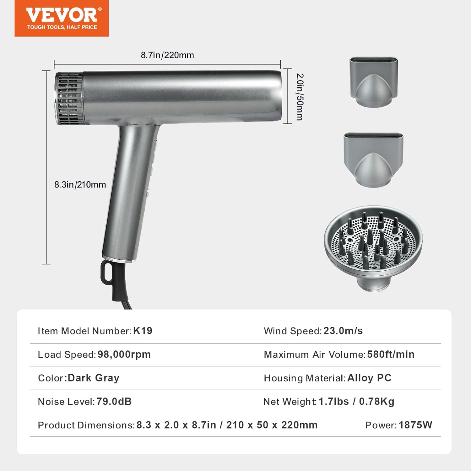 VEVOR Professional Hair Dryer 98000RPM 3 Million Negative Ions 3 Temp Speed Lightweight Travel Kit - Image 7