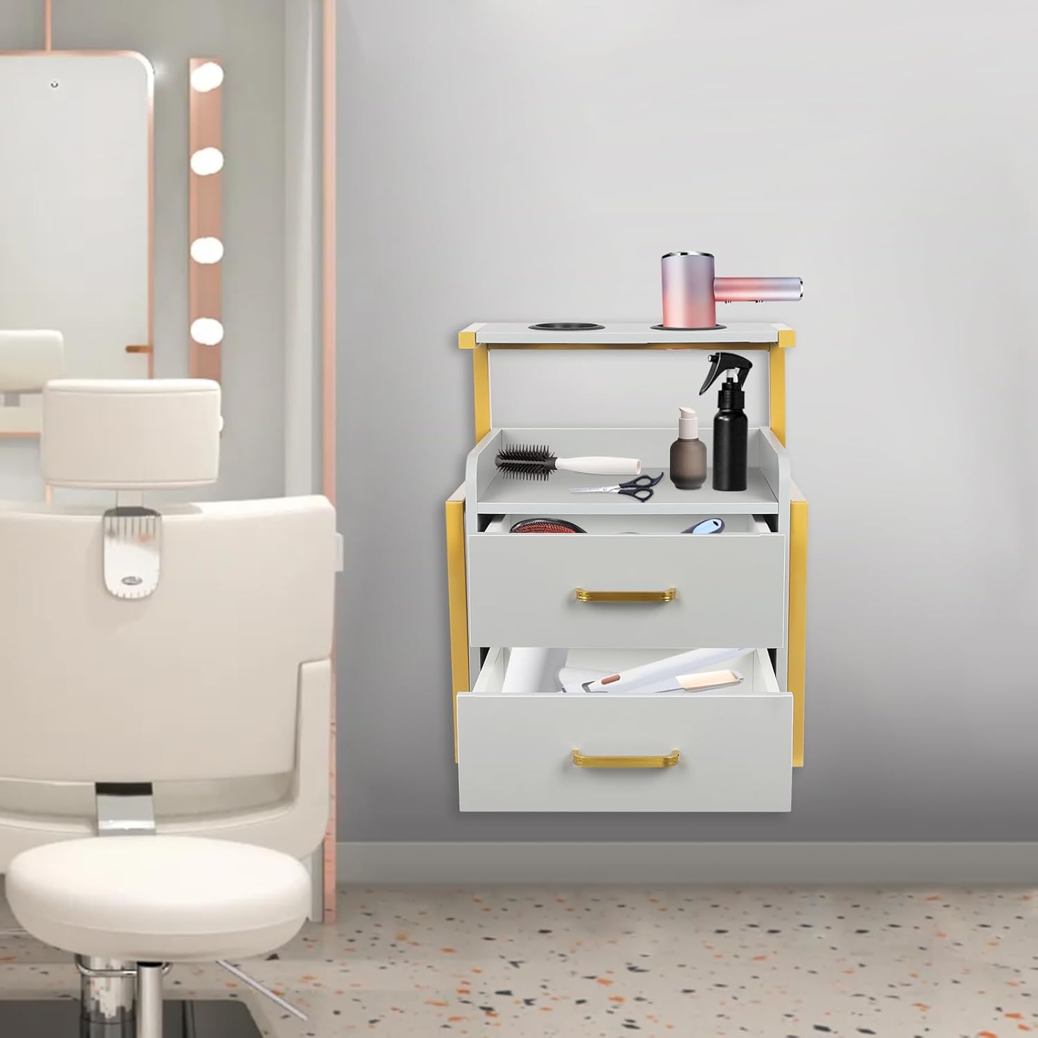 Gold and Grey Salon Workstation with 2 Drawers and Hair Dryer Holder - Image 2