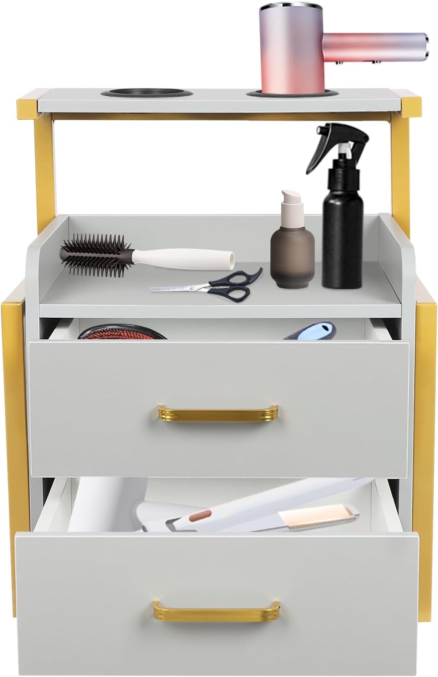 Gold and Grey Salon Workstation with 2 Drawers and Hair Dryer Holder - Image 9