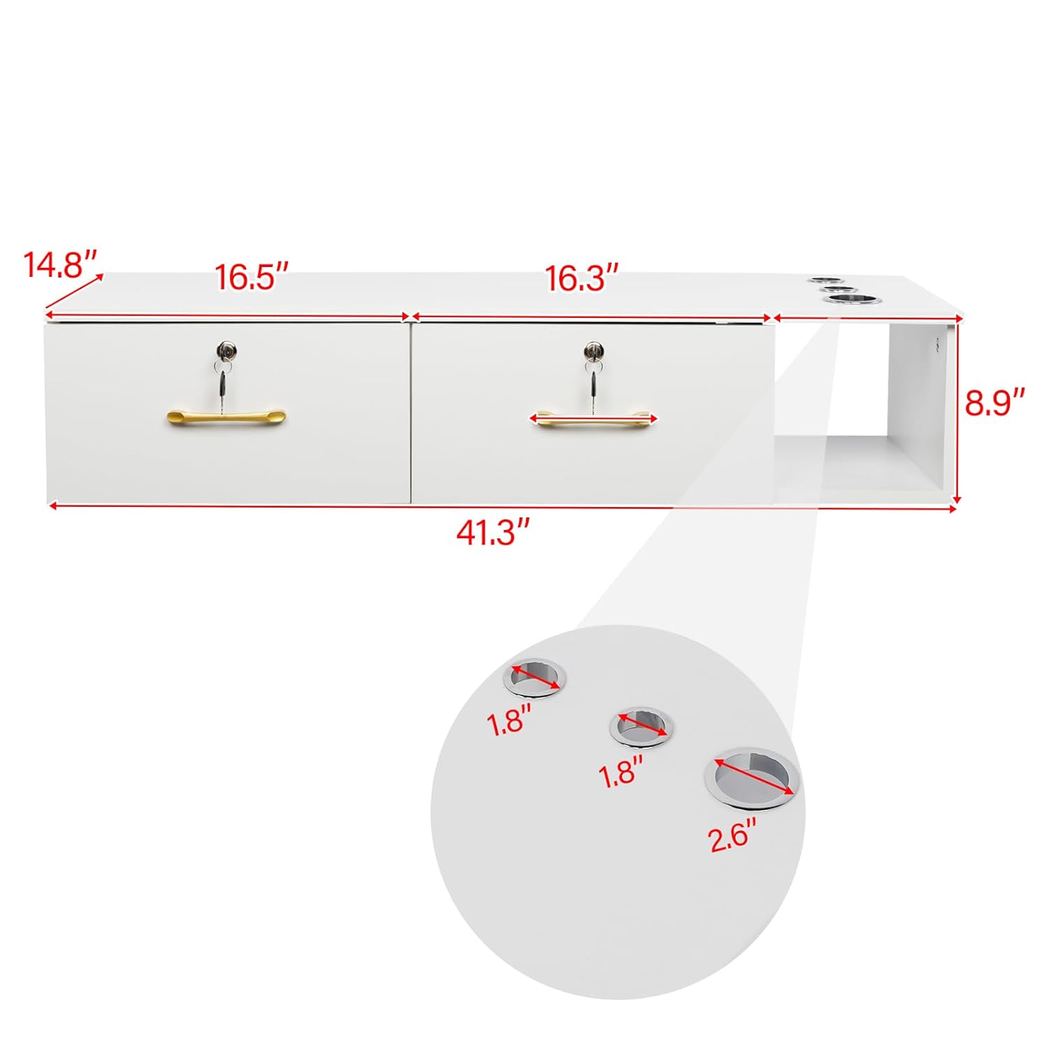Salon Wall Mount Styling Station with 2 Locking Drawers and 3 Hair Dryer Holes - Image 3