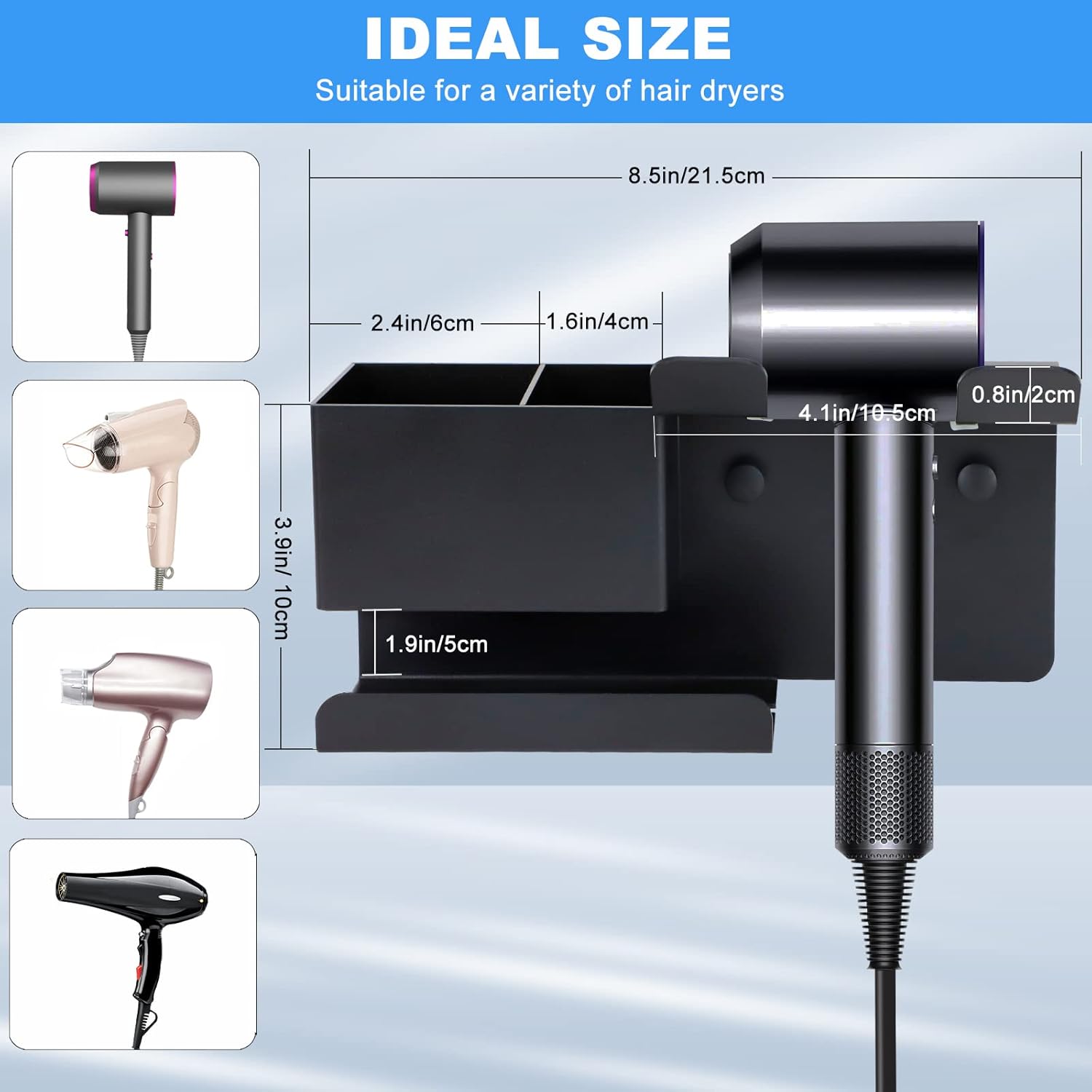 SHAIDOJIO Aluminum Alloy Wall Mount Blow Dryer Holder with Plug Hook organizer - Image 2
