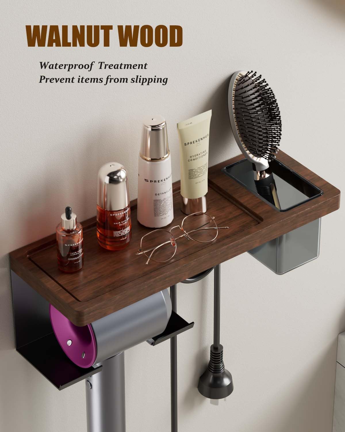 Modern Black Walnut Set Wall Mounted Hair Dryer Holder Aluminum Alloy Organizer - Image 5