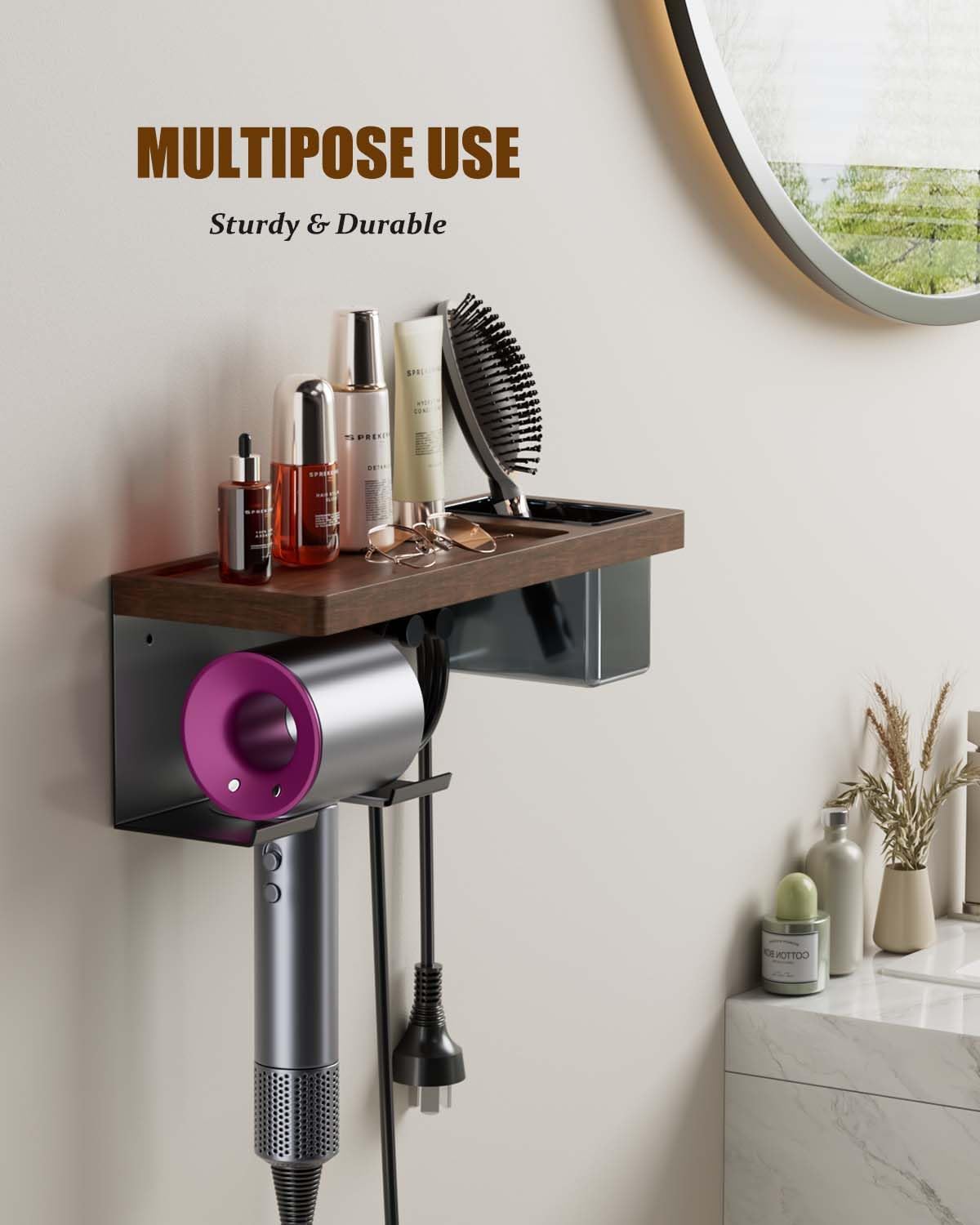 Modern Black Walnut Set Wall Mounted Hair Dryer Holder Aluminum Alloy Organizer - Image 4