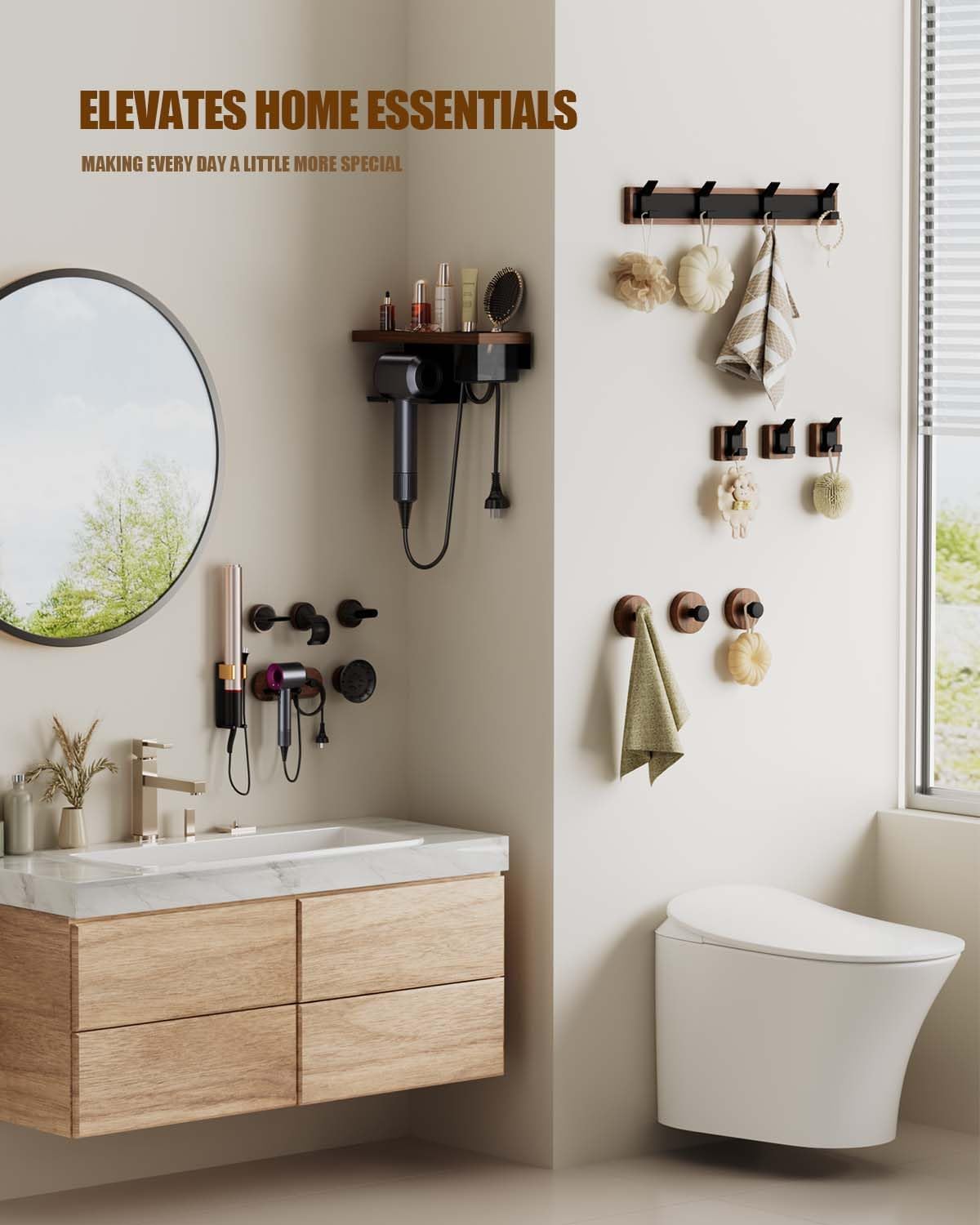 Modern Black Walnut Set Wall Mounted Hair Dryer Holder Aluminum Alloy Organizer - Image 2